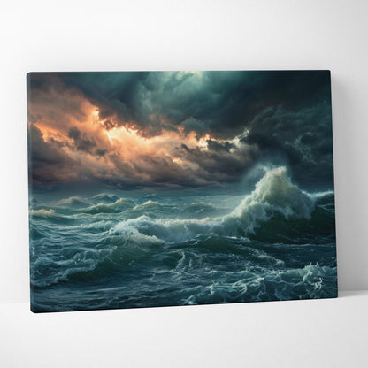 Stormy ocean waves canvas art showing turbulent deep teal sea under dark moody clouds with warm orange light