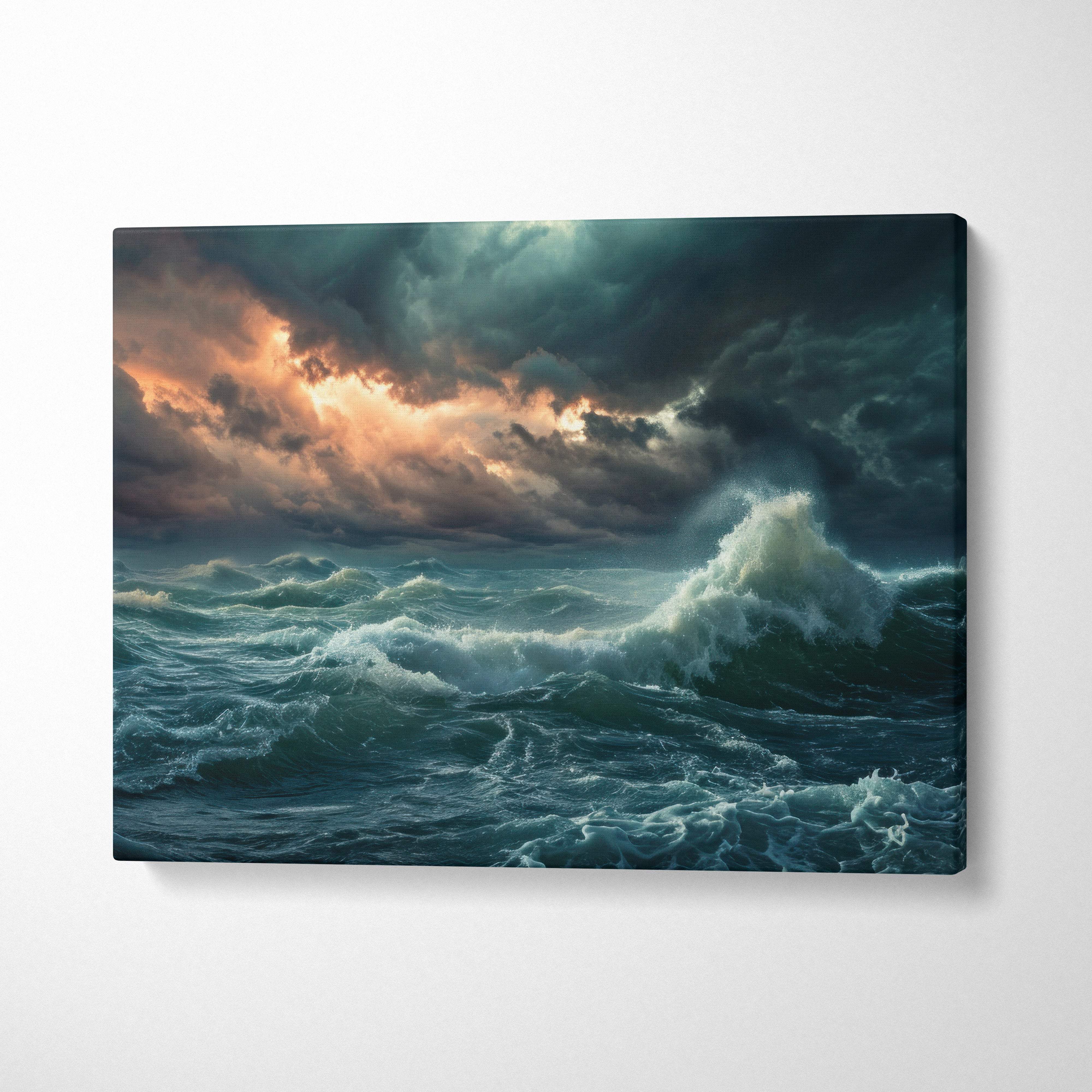 Stormy ocean waves canvas art featuring turbulent teal sea and dark moody clouds in dramatic coastal wall decor