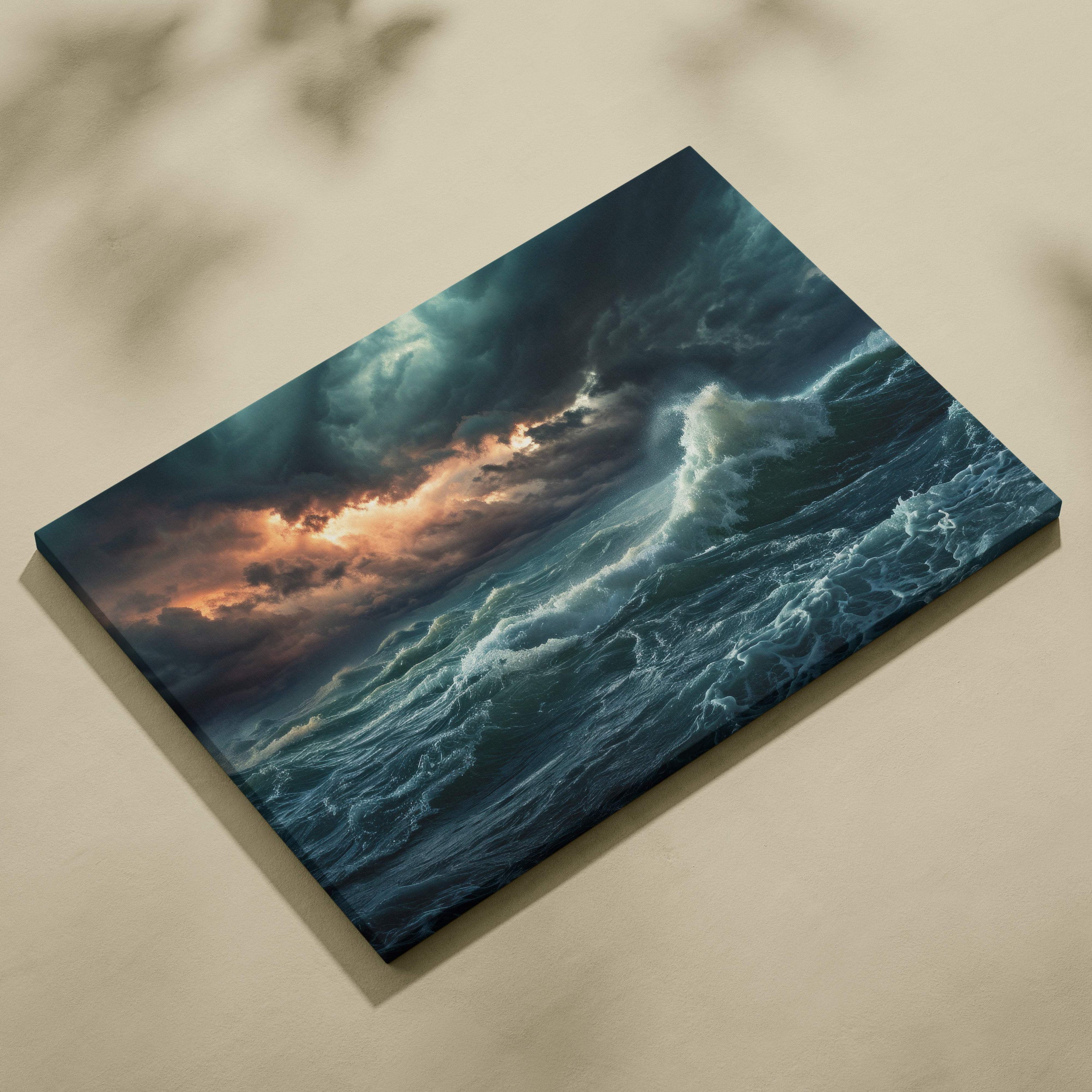 Stretched canvas print of stormy ocean waves with deep teal sea and dark moody clouds in orange light