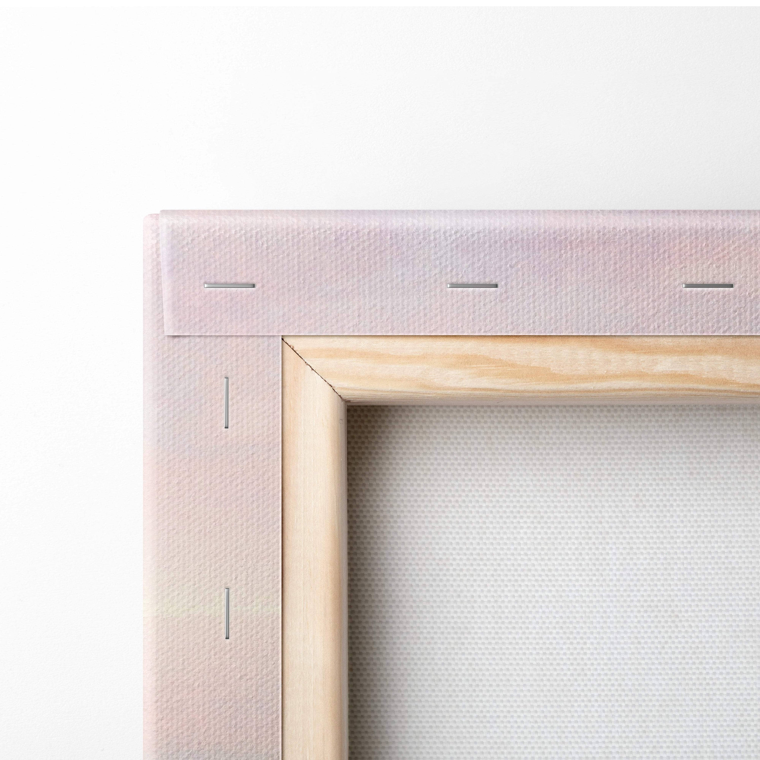 Light pink canvas stretched over natural wood frame with subtle stitching for contemporary cloud reflection wall art