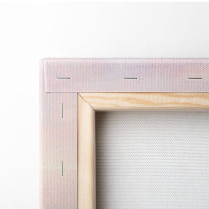 Light pink canvas stretched over natural wood frame with subtle stitching for contemporary cloud reflection wall art