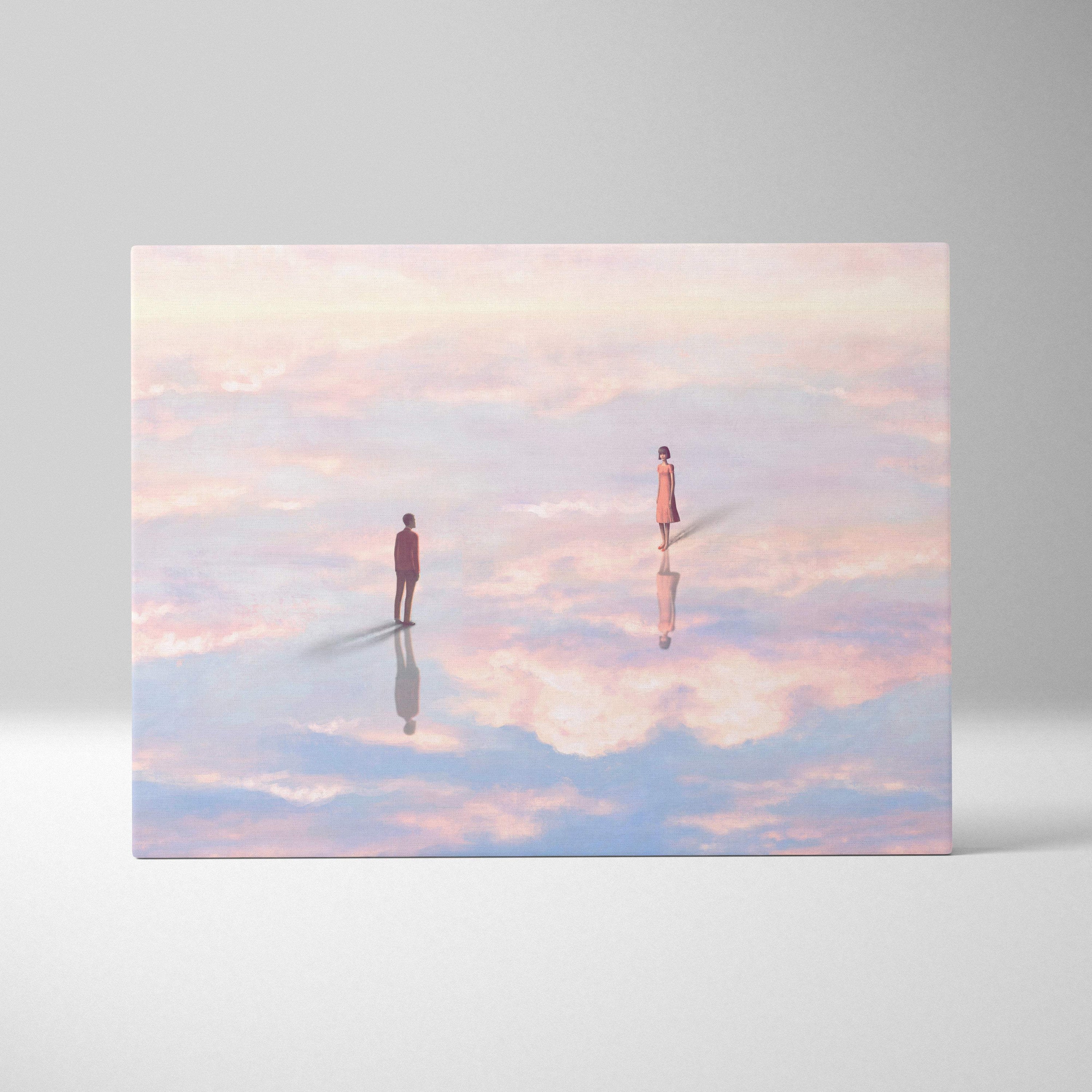Contemporary cloud reflection canvas wall art with pastel pink and blue sky featuring two minimalist figures on reflective clouds