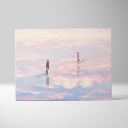 Contemporary cloud reflection canvas wall art with pastel pink and blue sky featuring two minimalist figures on reflective clouds