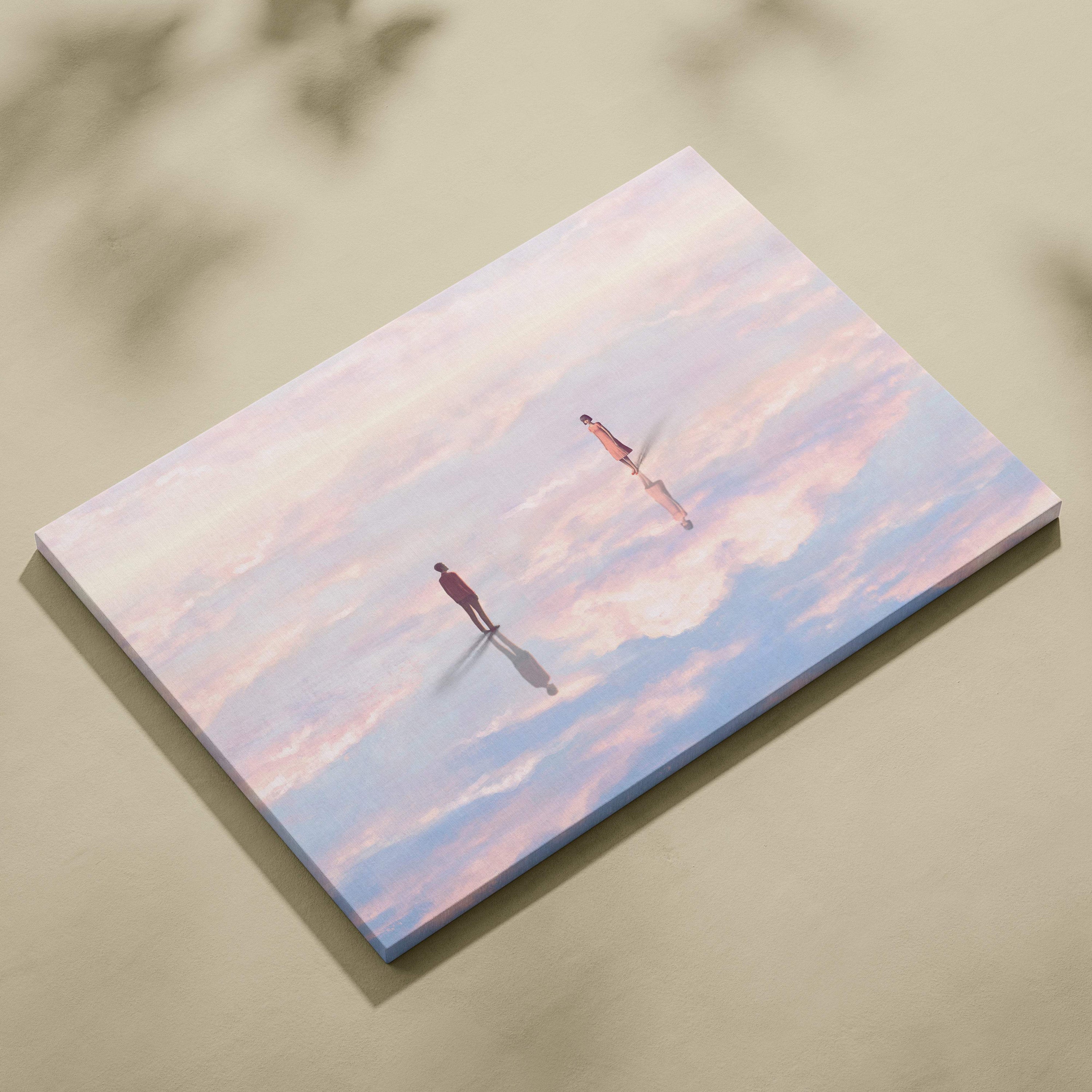 Contemporary rectangular canvas print of pastel pink and blue dreamscape with two silhouetted figures on clouds