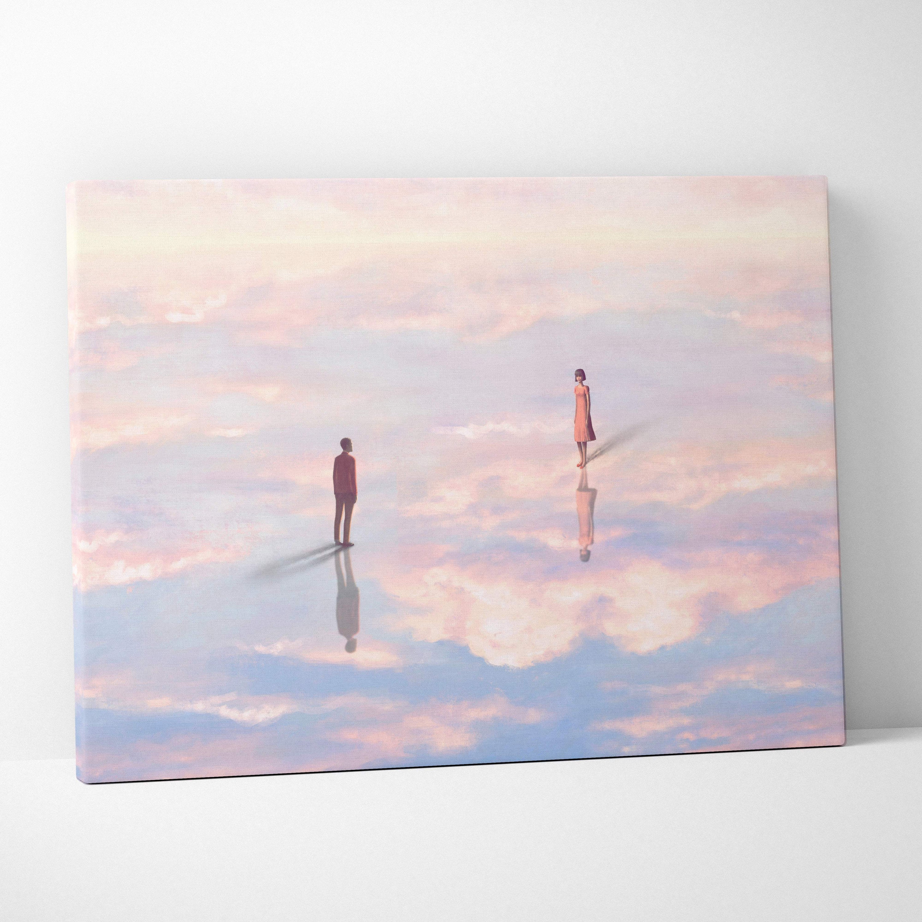 Contemporary cloud reflection canvas wall art with pastel pink and blue sky and two silhouetted figures on reflective surface
