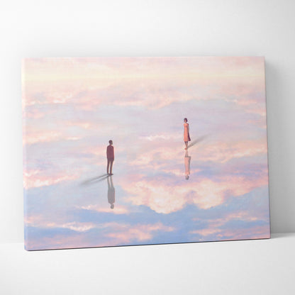 Contemporary cloud reflection canvas wall art with pastel pink and blue sky and two silhouetted figures on reflective surface