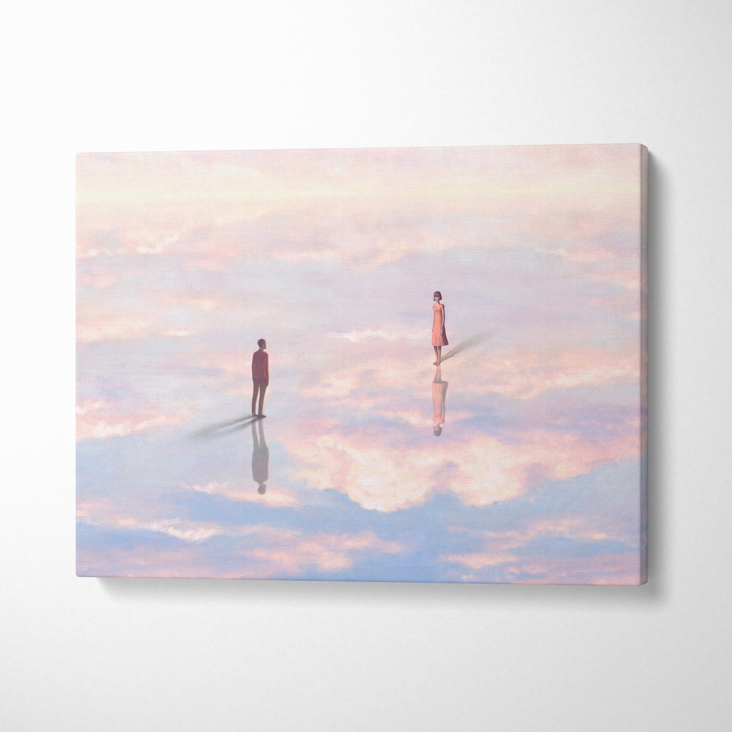 Contemporary cloud reflection canvas wall art with pastel pink and blue cloudscape and two minimalist figures on reflective surface
