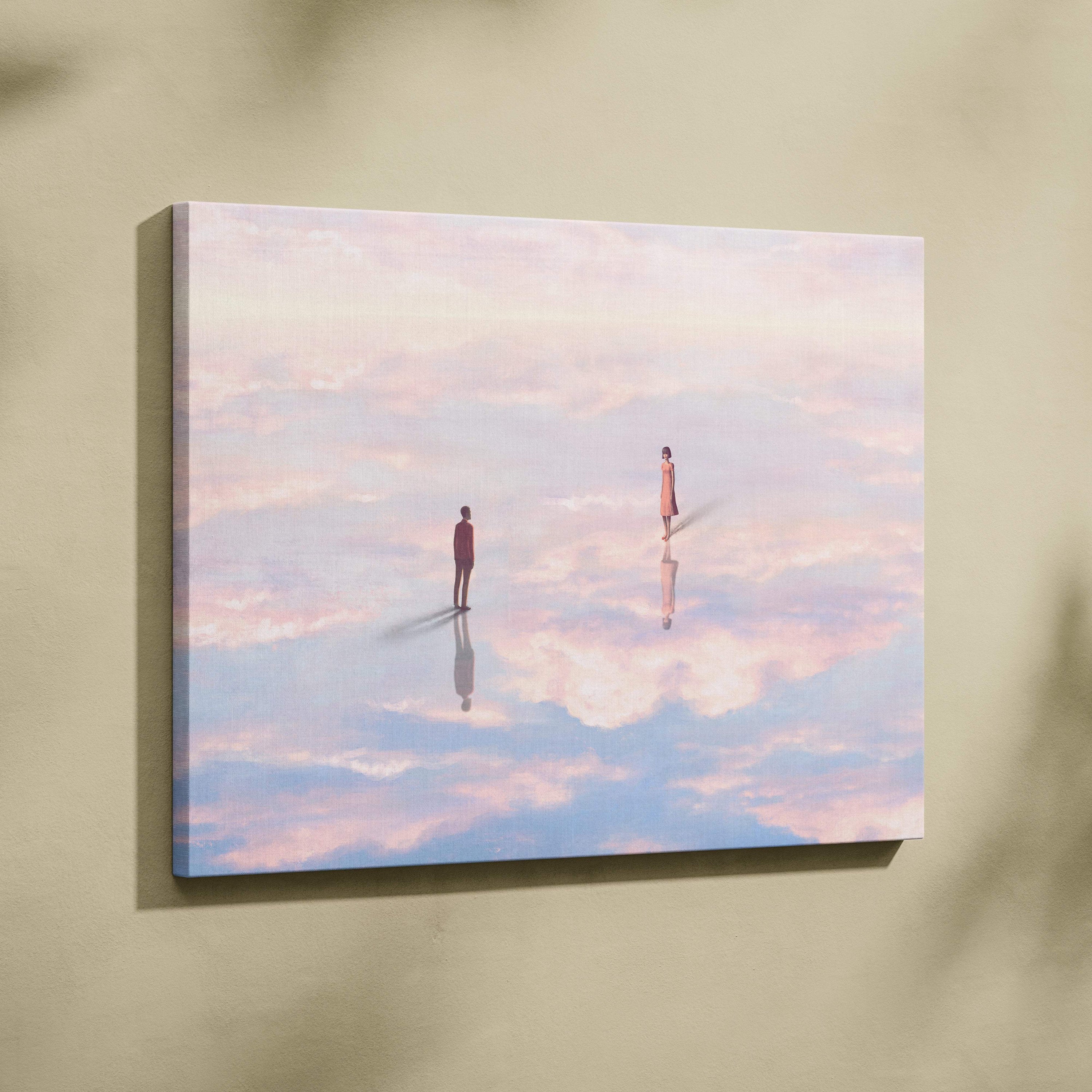 Contemporary cloud reflection canvas wall art featuring two figures on a reflective pastel pink and blue sky