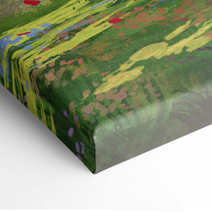 Enchanted Forest Guardian canvas wall art with bold green abstract landscape and vibrant splashes of yellow red blue and purple
