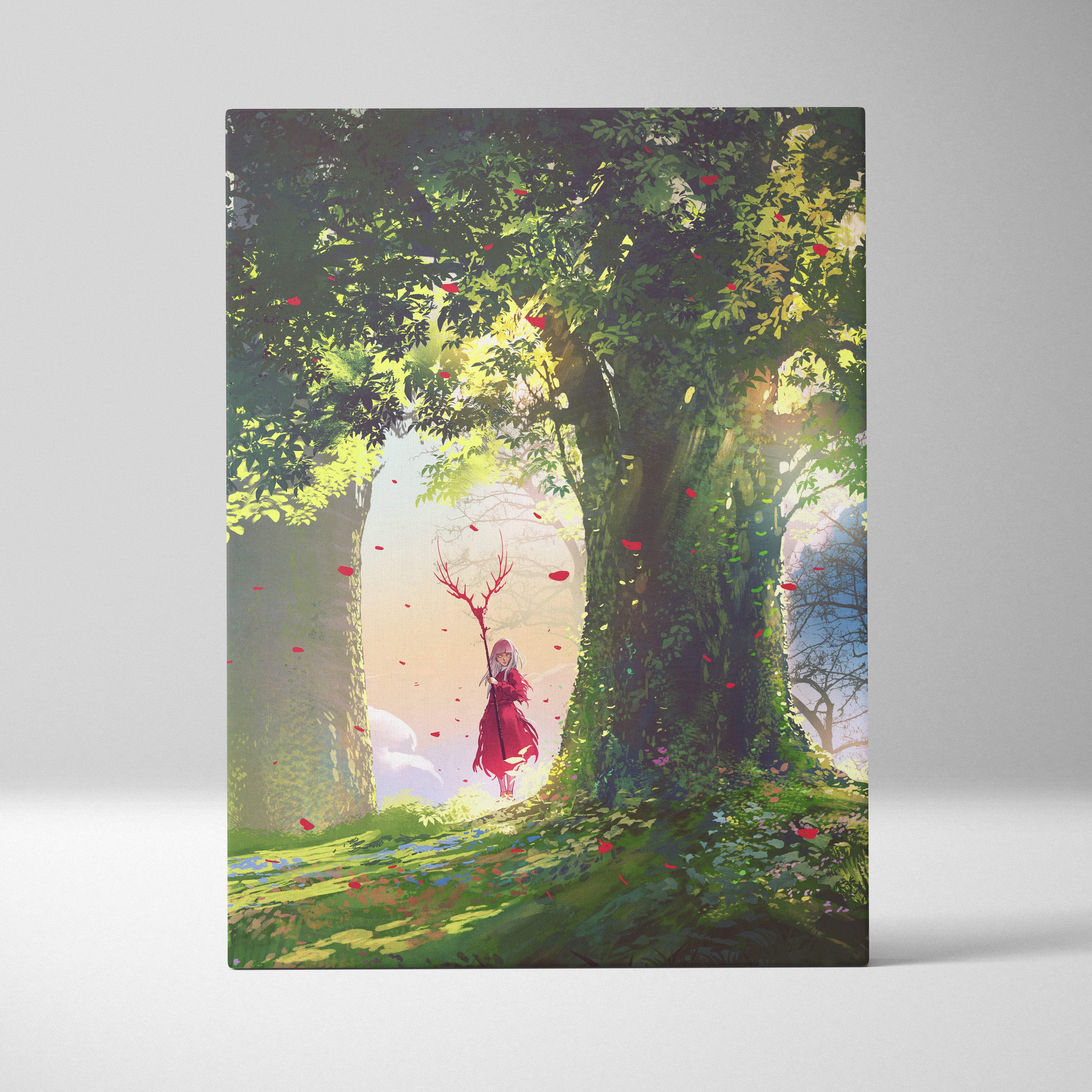 Rectangular canvas print featuring a red cloaked mage with antler staff beneath sunlit ancient trees with floating petals
