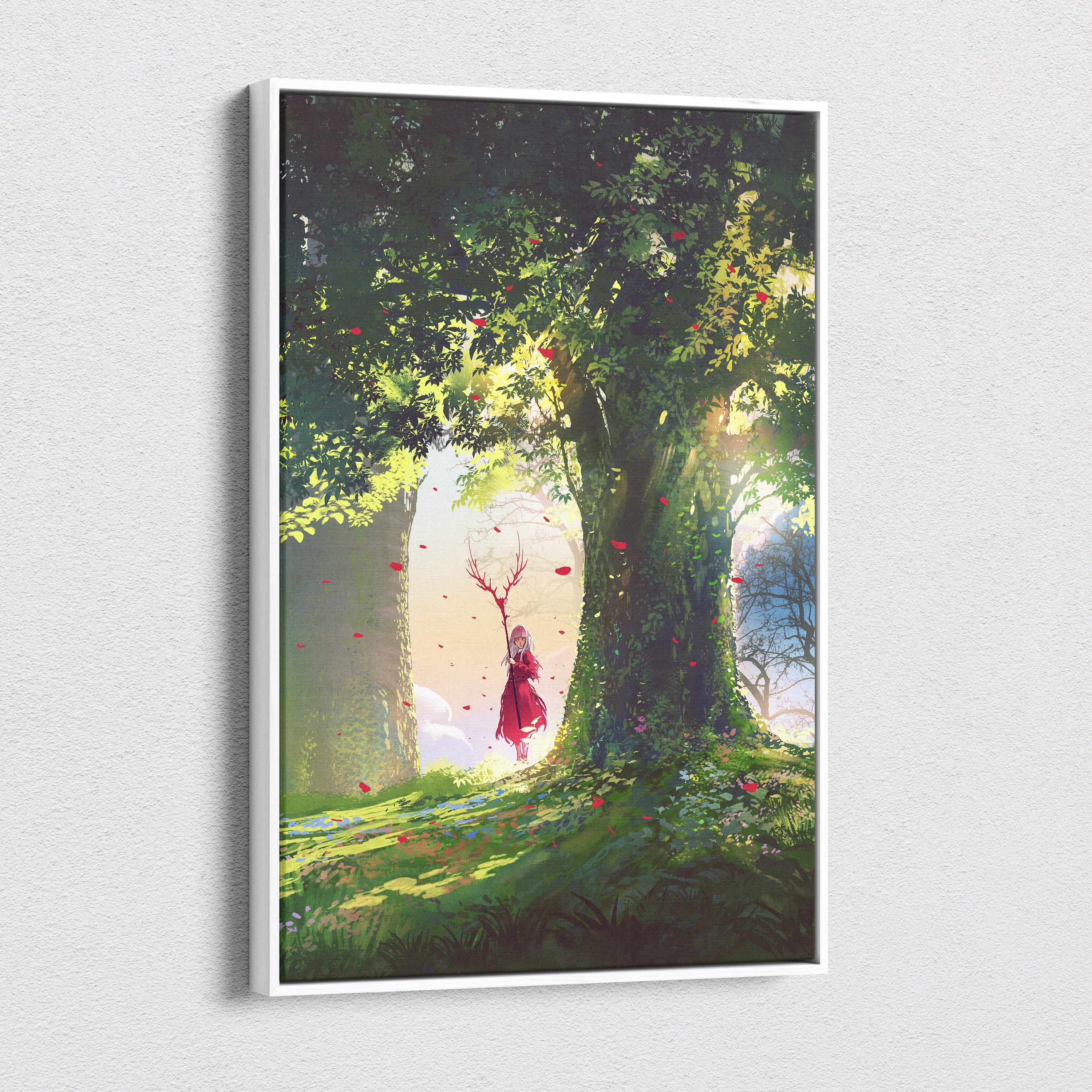 A framed digital art print of a red cloaked mage beneath sunlit green trees with floating petals on canvas wall art