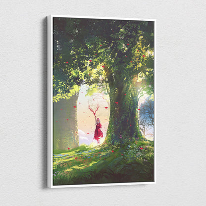 A framed digital art print of a red cloaked mage beneath sunlit green trees with floating petals on canvas wall art