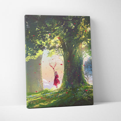 A rectangular canvas wall art depicting a red cloaked mage with antler staff in a sunlit enchanted forest with falling petals