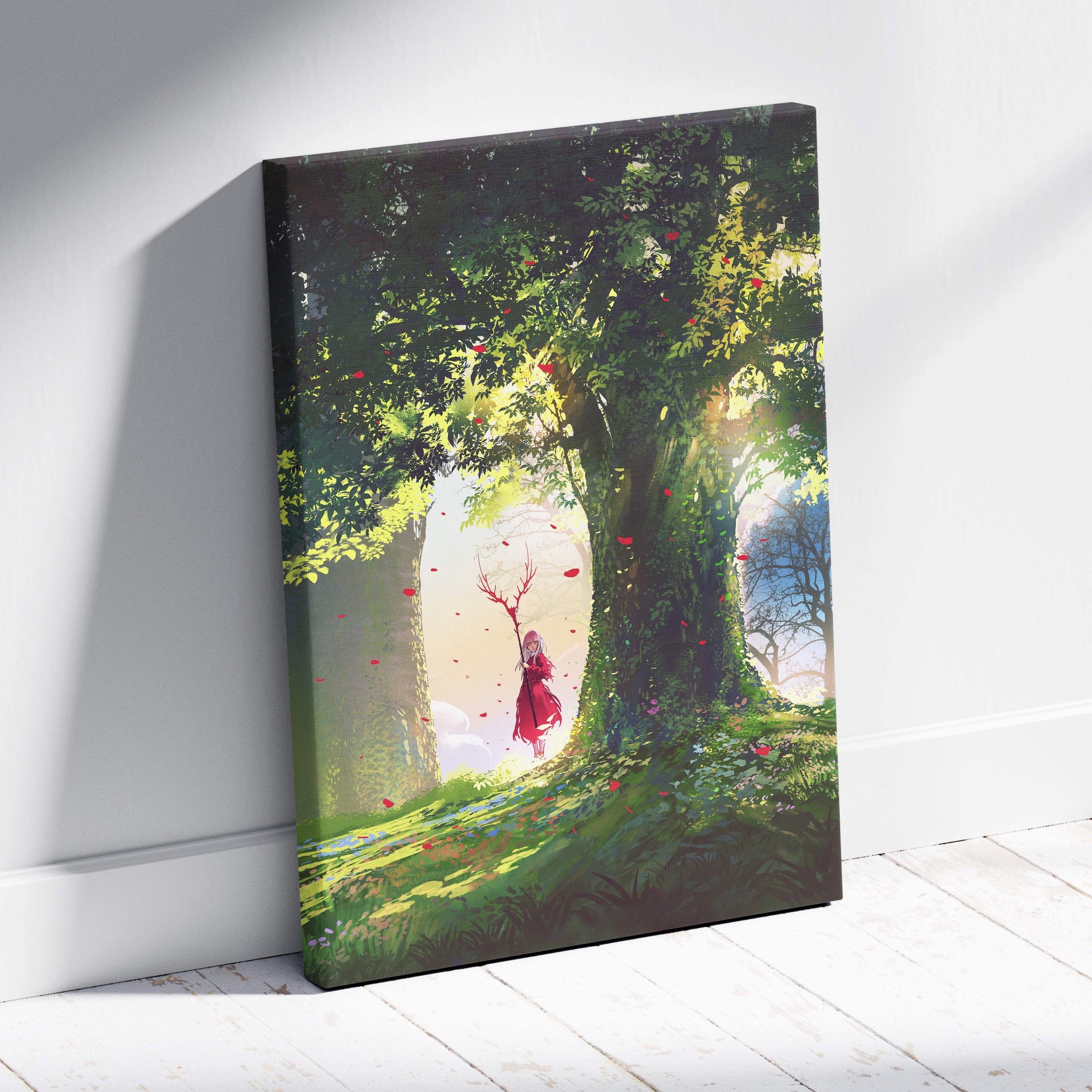 Enchanted forest guardian canvas wall art featuring a red cloaked mage with antlers under sunlit trees and petals