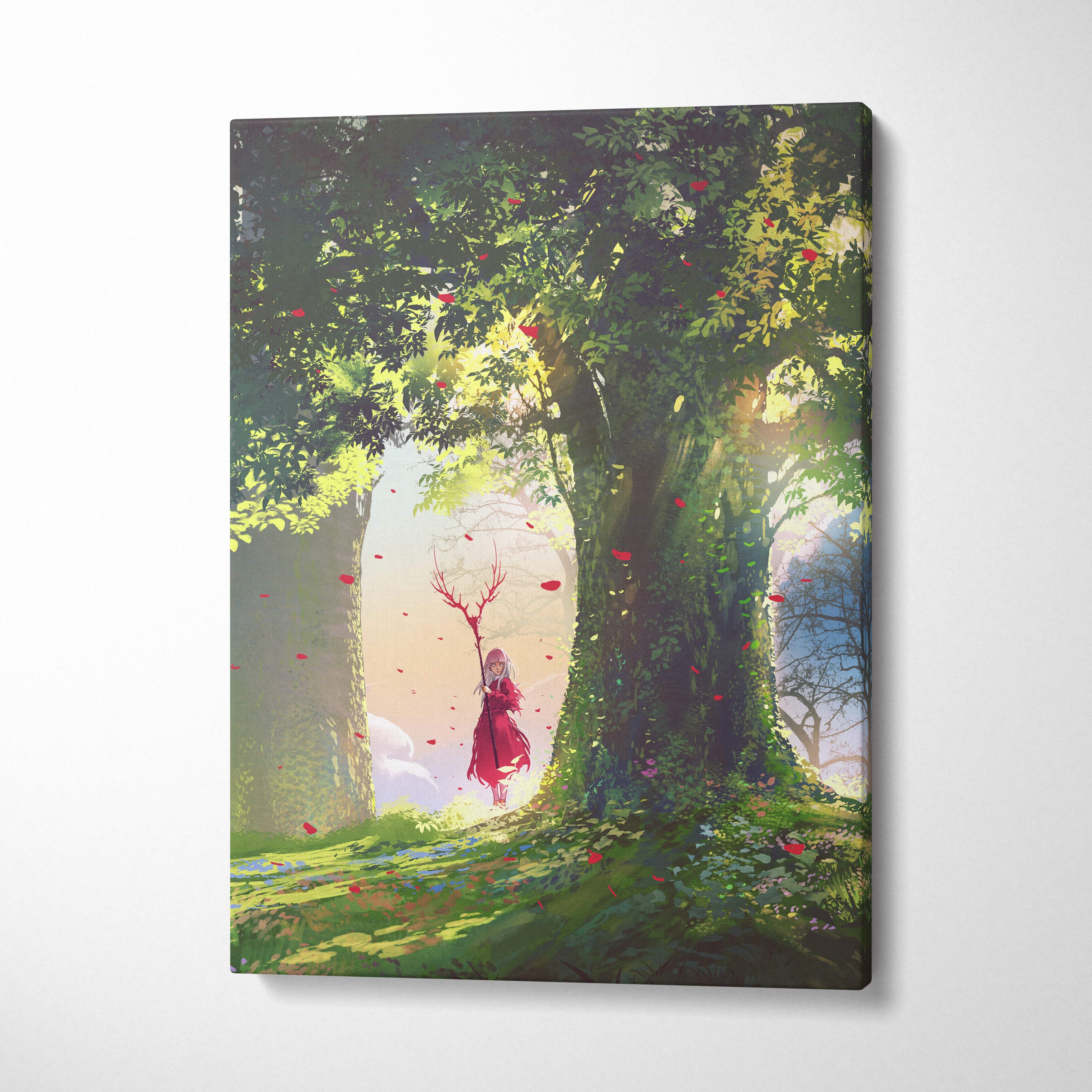 A rectangular canvas print of an enchanted forest guardian in a red cloak holding antlers beneath sunlit trees with floating petals