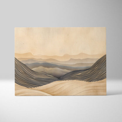 Boho neutral landscape canvas wall art with layered abstract mountain ranges in beige sand and black on natural wood