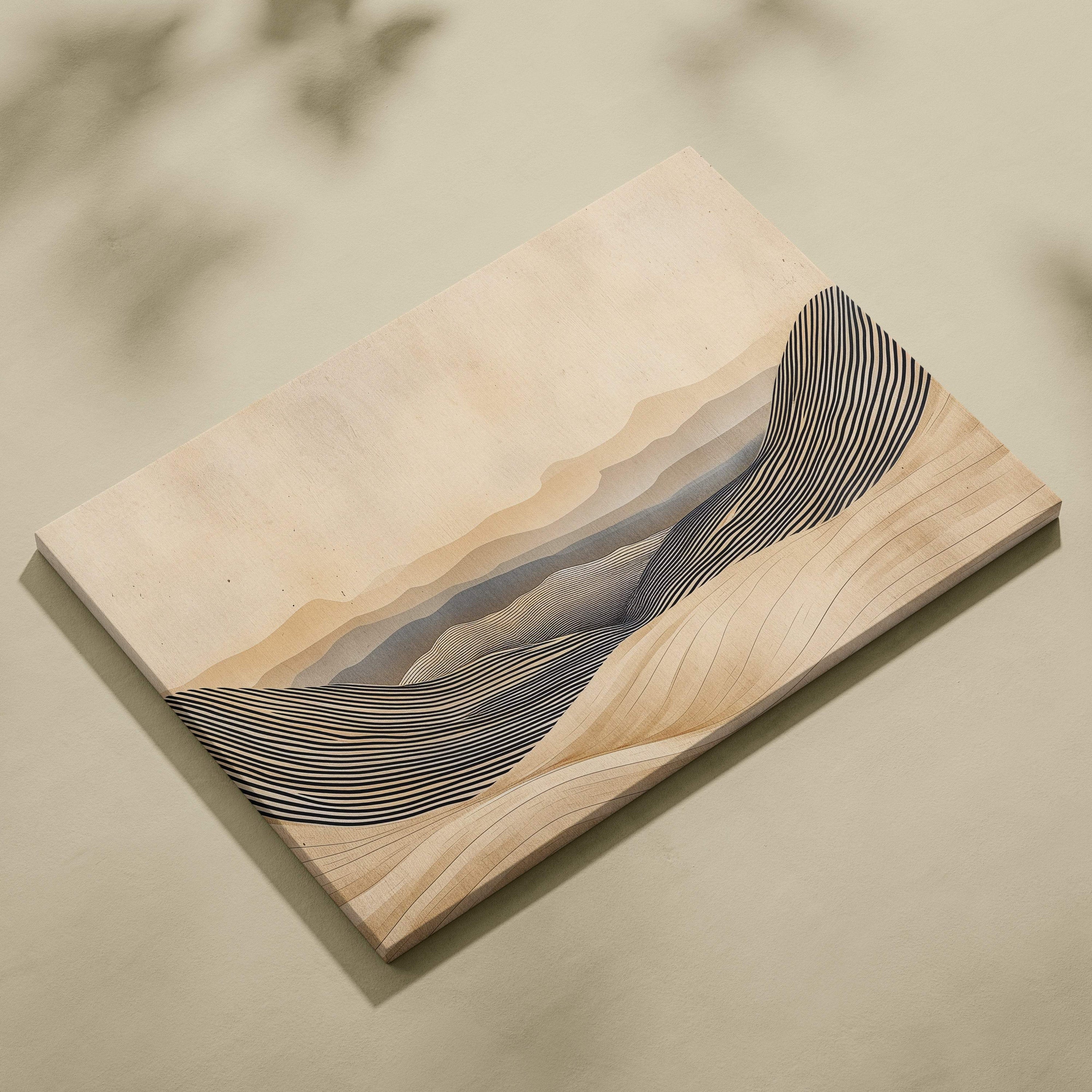 Rectangular wooden canvas featuring boho neutral abstract layered desert landscape in beige sand and black tones