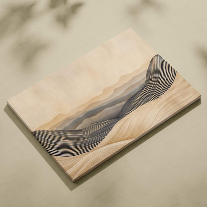 Rectangular wooden canvas featuring boho neutral abstract layered desert landscape in beige sand and black tones