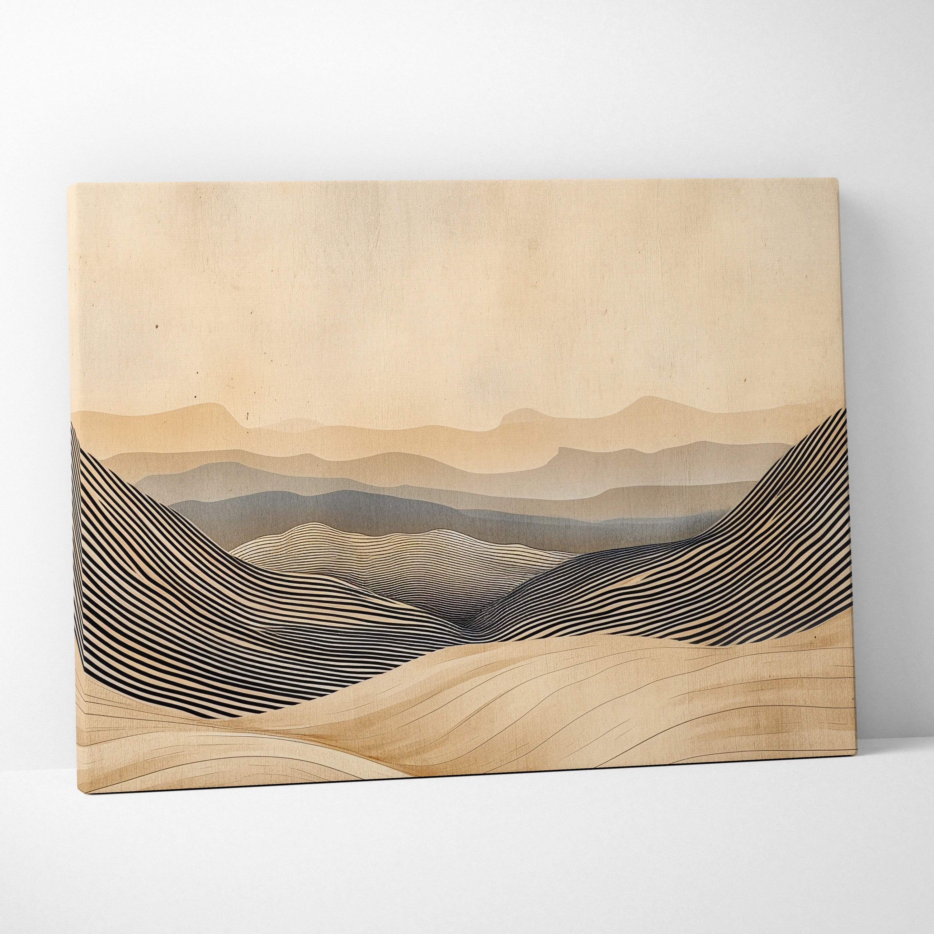 Boho neutral landscape canvas wall art with layered black and beige abstract mountain stripes on wood for living room decor