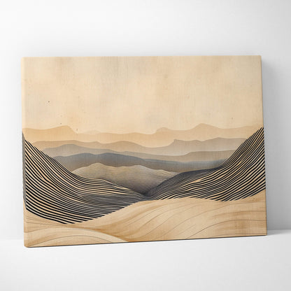 Boho neutral landscape canvas wall art with layered black and beige abstract mountain stripes on wood for living room decor