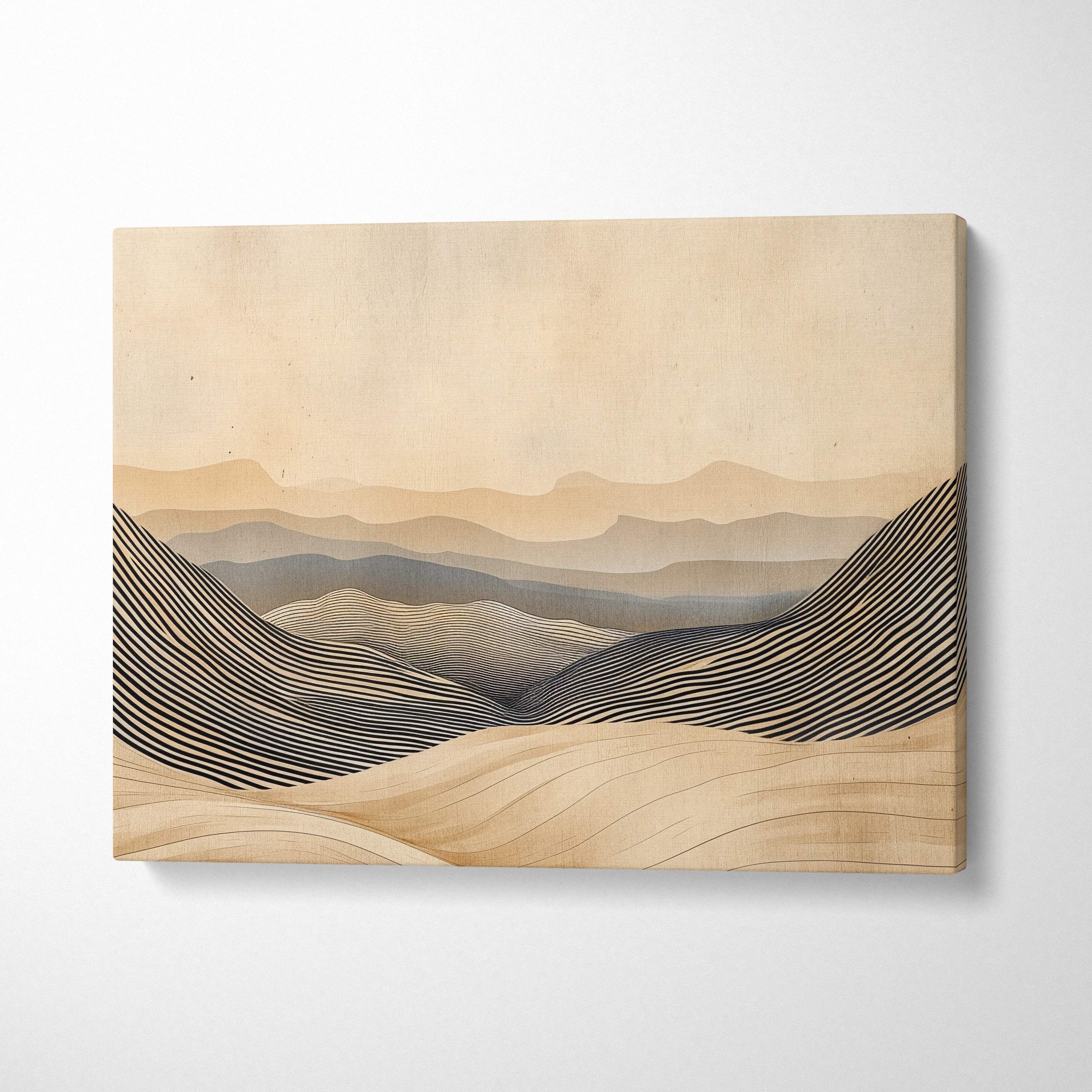 Beige canvas wall art with black and gray abstract mountain stripes in boho neutral earth tones for living room decor