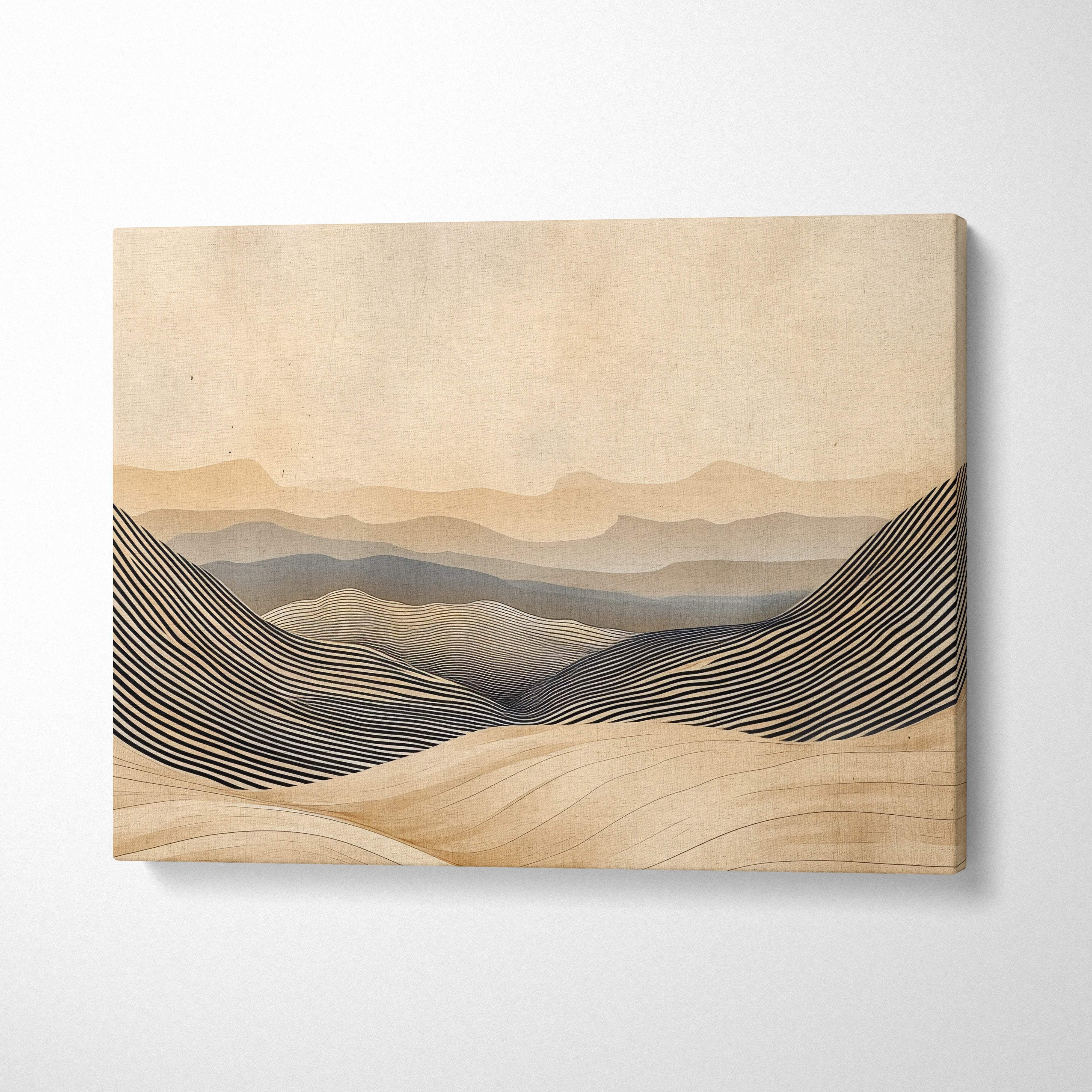 Beige canvas wall art with black and gray abstract mountain stripes in boho neutral earth tones for living room decor