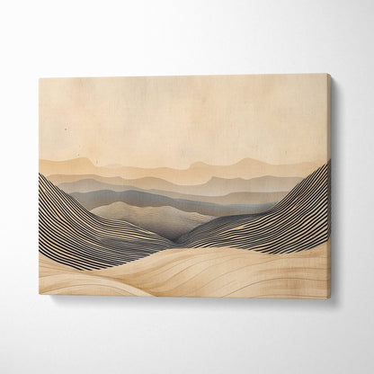 Beige canvas wall art with black and gray abstract mountain stripes in boho neutral earth tones for living room decor