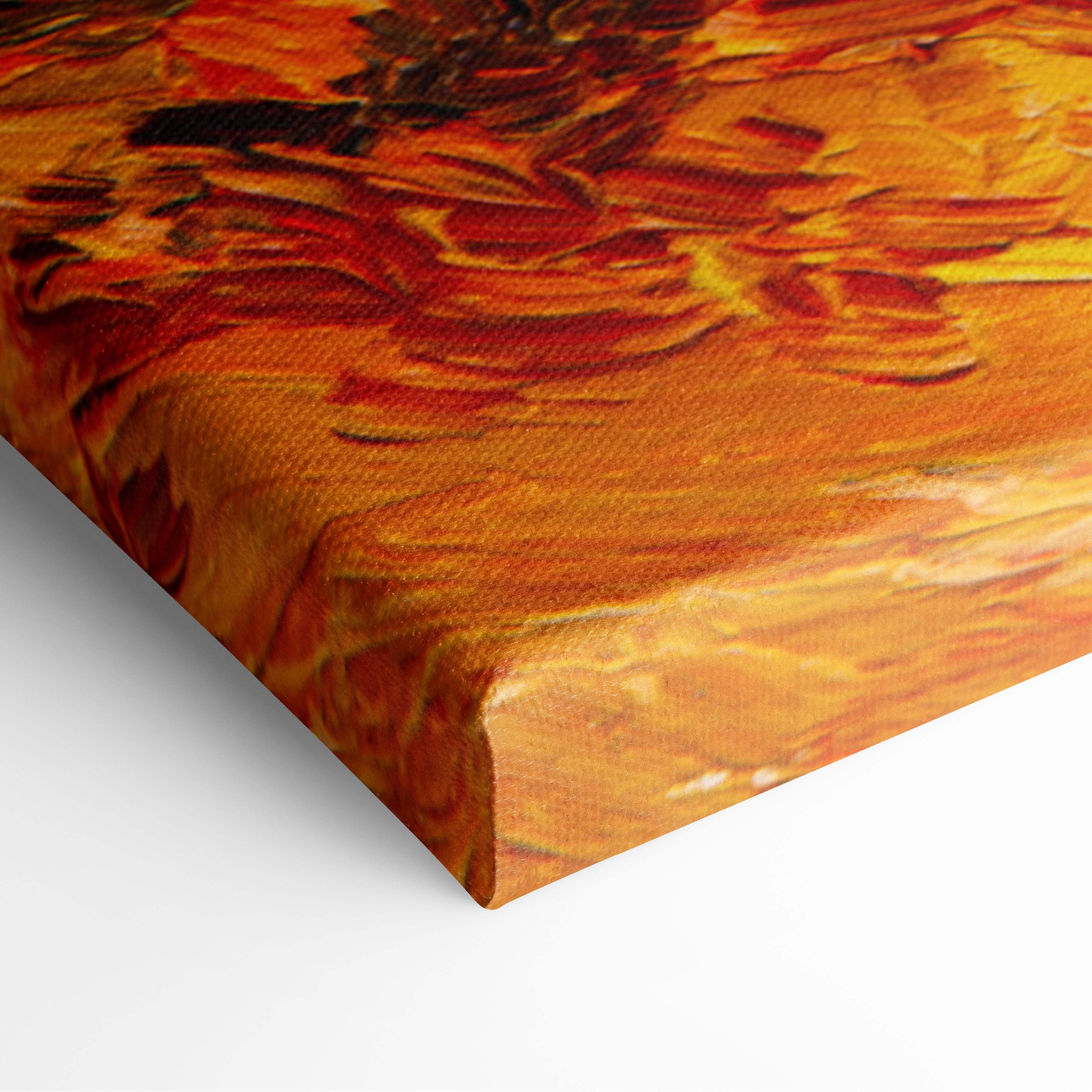 A vibrant orange and red textured canvas print featuring bold brushstrokes in van Gogh style for rustic fall decor
