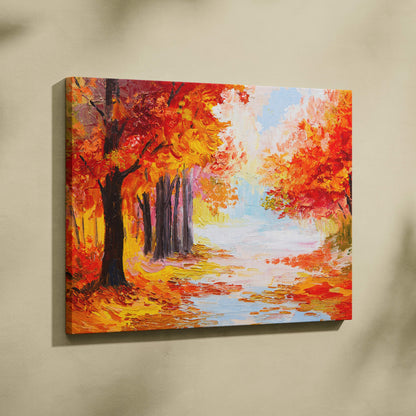 Vibrant orange autumn forest canvas wall art print with bold red and yellow foliage textured brushstrokes for cozy decor
