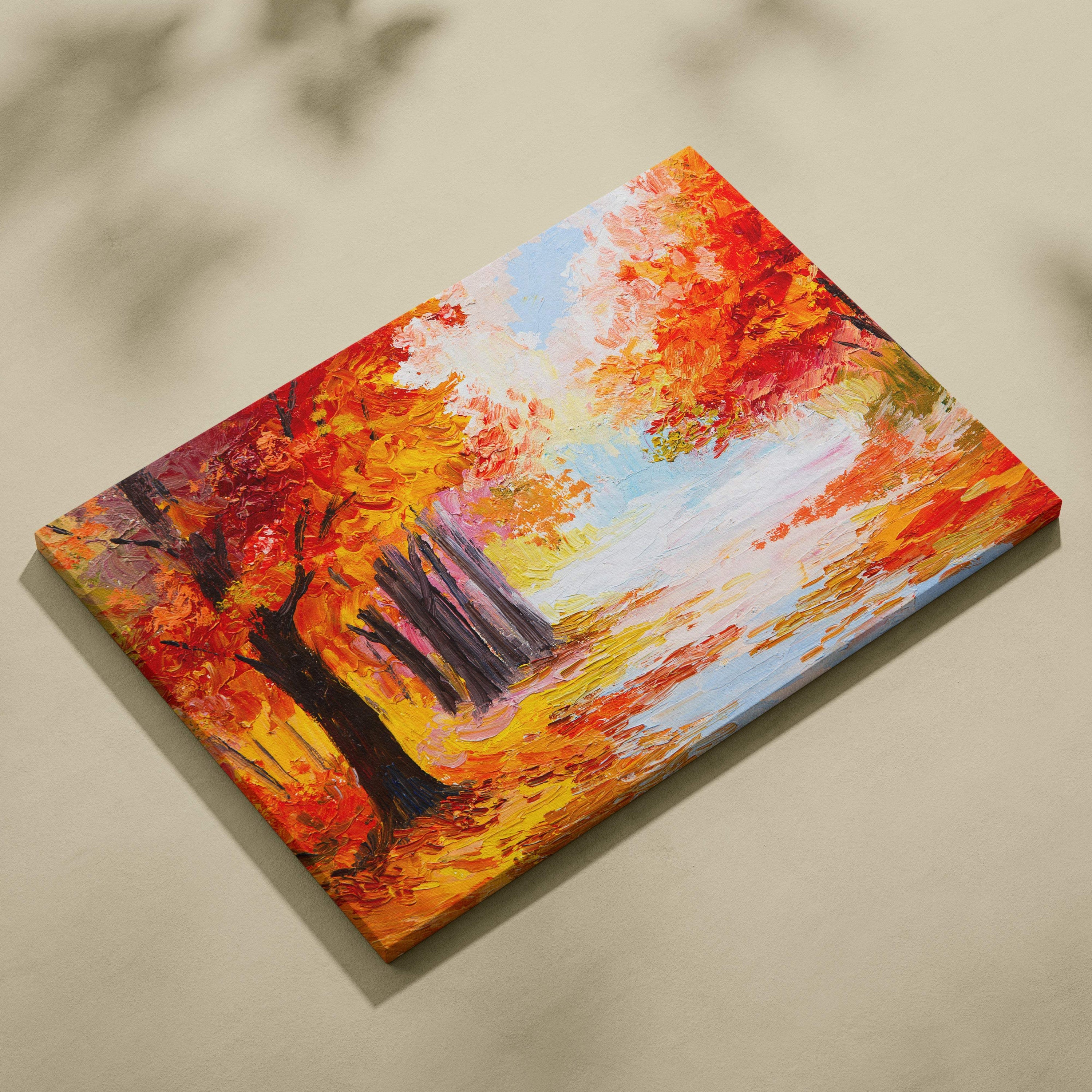 Vibrant orange autumn forest canvas wall art print featuring bold red orange and yellow trees along a path under blue sky