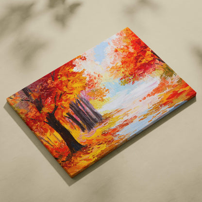 Vibrant orange autumn forest canvas wall art print featuring bold red orange and yellow trees along a path under blue sky