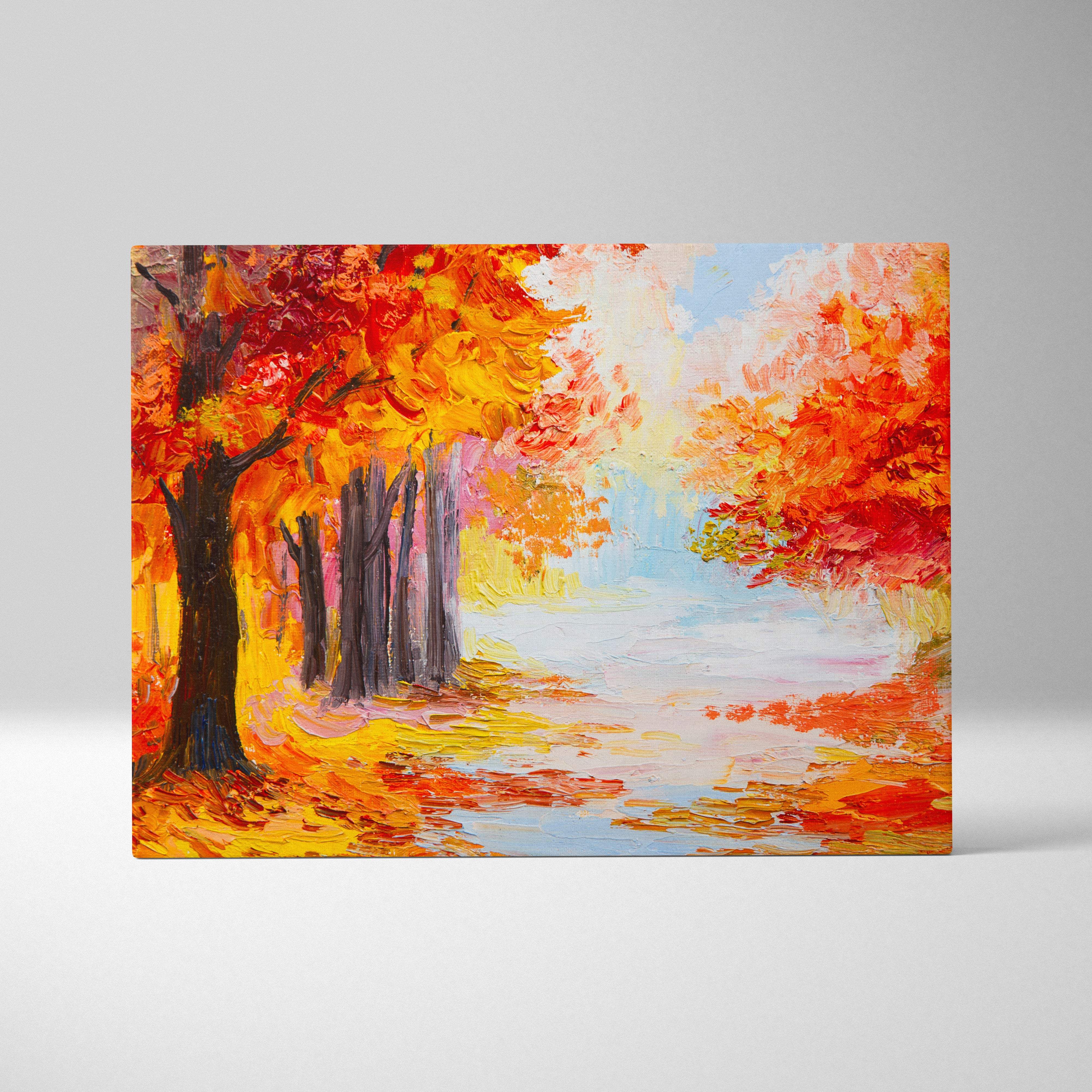 Vibrant orange autumn forest canvas wall art print with bold red yellow foliage and textured brushstrokes for rustic decor