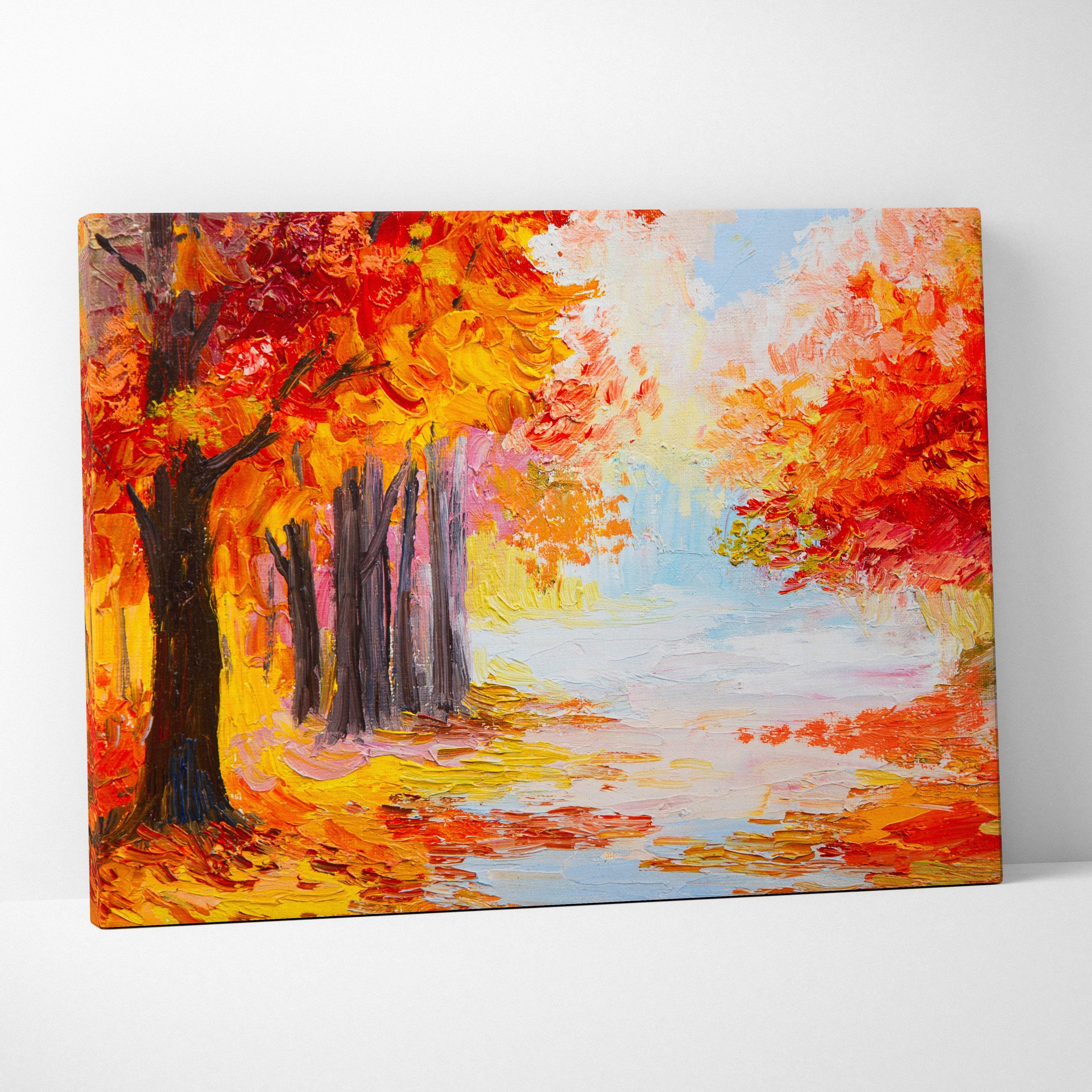 Vibrant orange autumn forest canvas wall art print featuring bold red and yellow foliage with textured brushstrokes