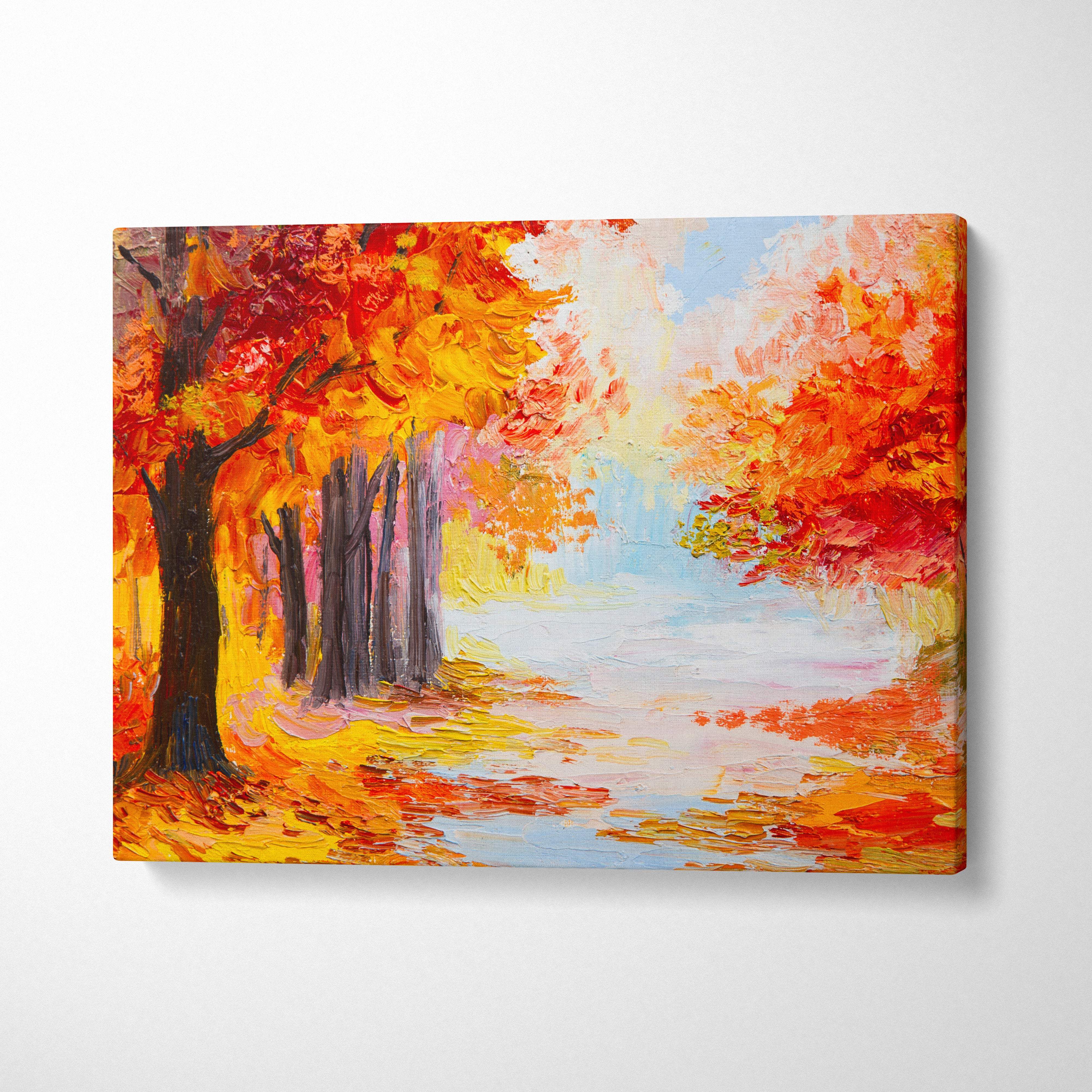 Vibrant orange autumn forest canvas wall art print with bold red and yellow foliage and textured brushstrokes for rustic decor