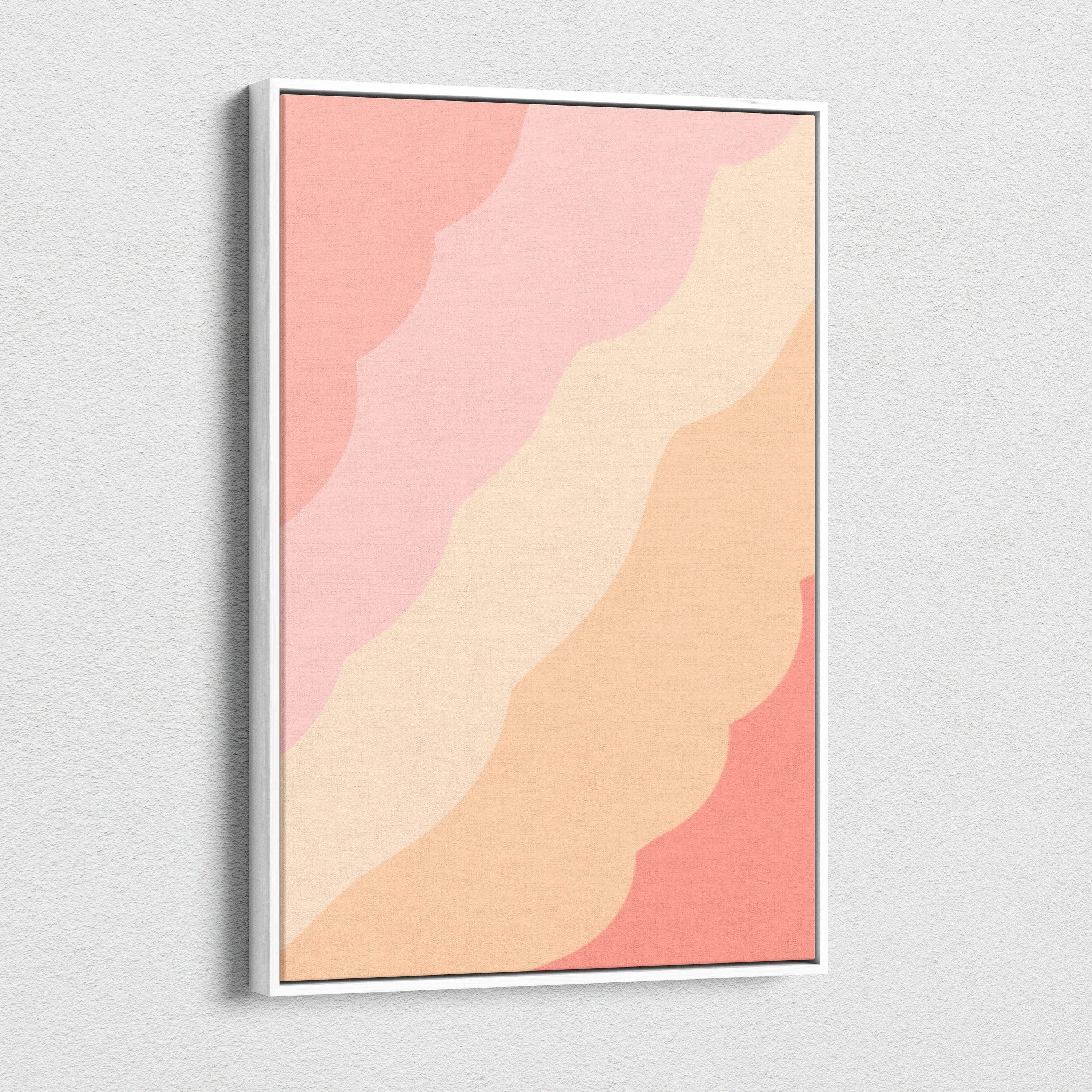 Modern abstract wavy canvas wall art in blush pink peach beige tones, framed