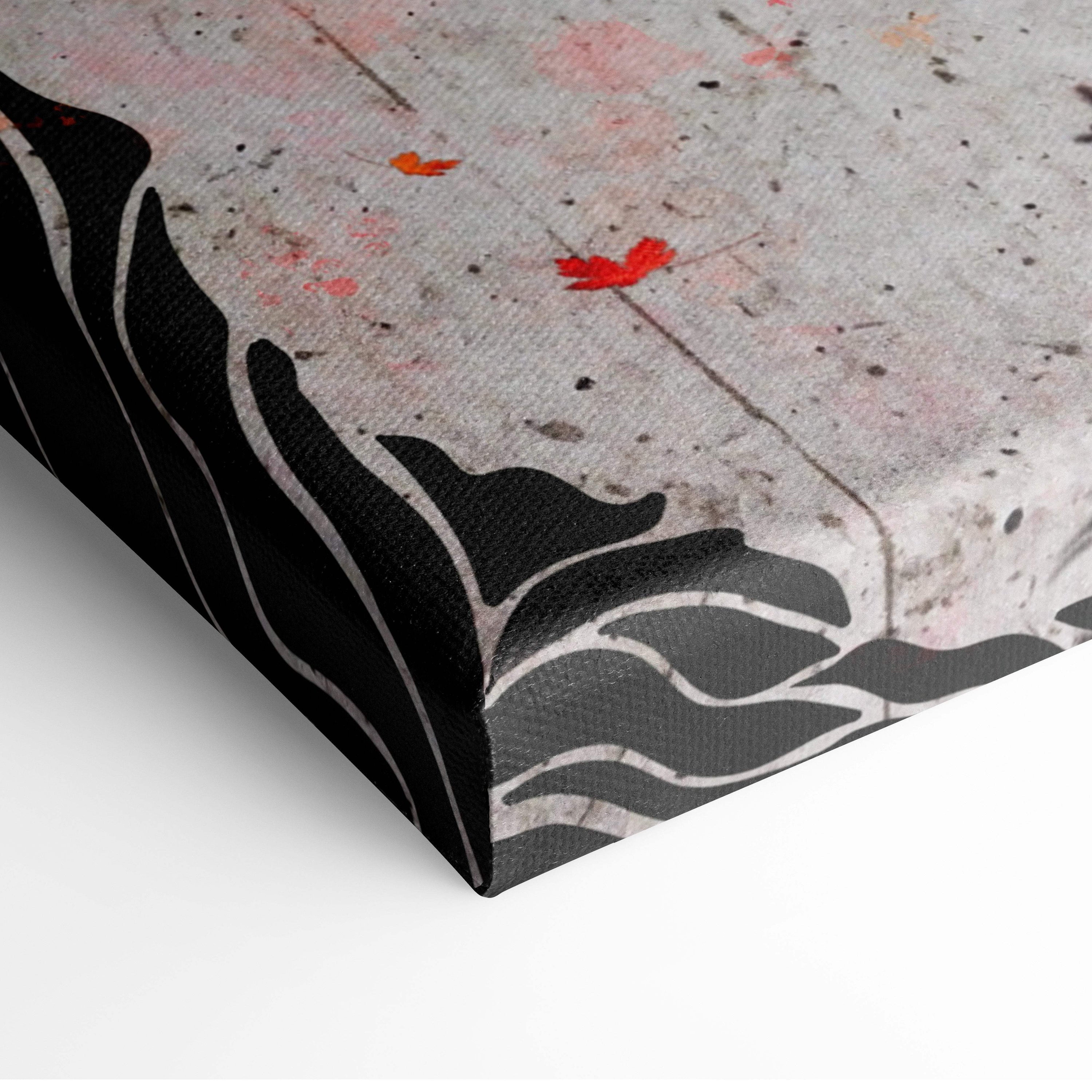 Red orange maple tree crane canvas wall art with abstract black gray leaf patterns and subtle pink orange splatters on textured background