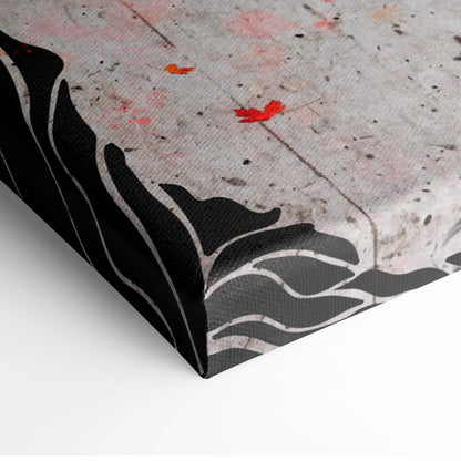 Red orange maple tree crane canvas wall art with abstract black gray leaf patterns and subtle pink orange splatters on textured background