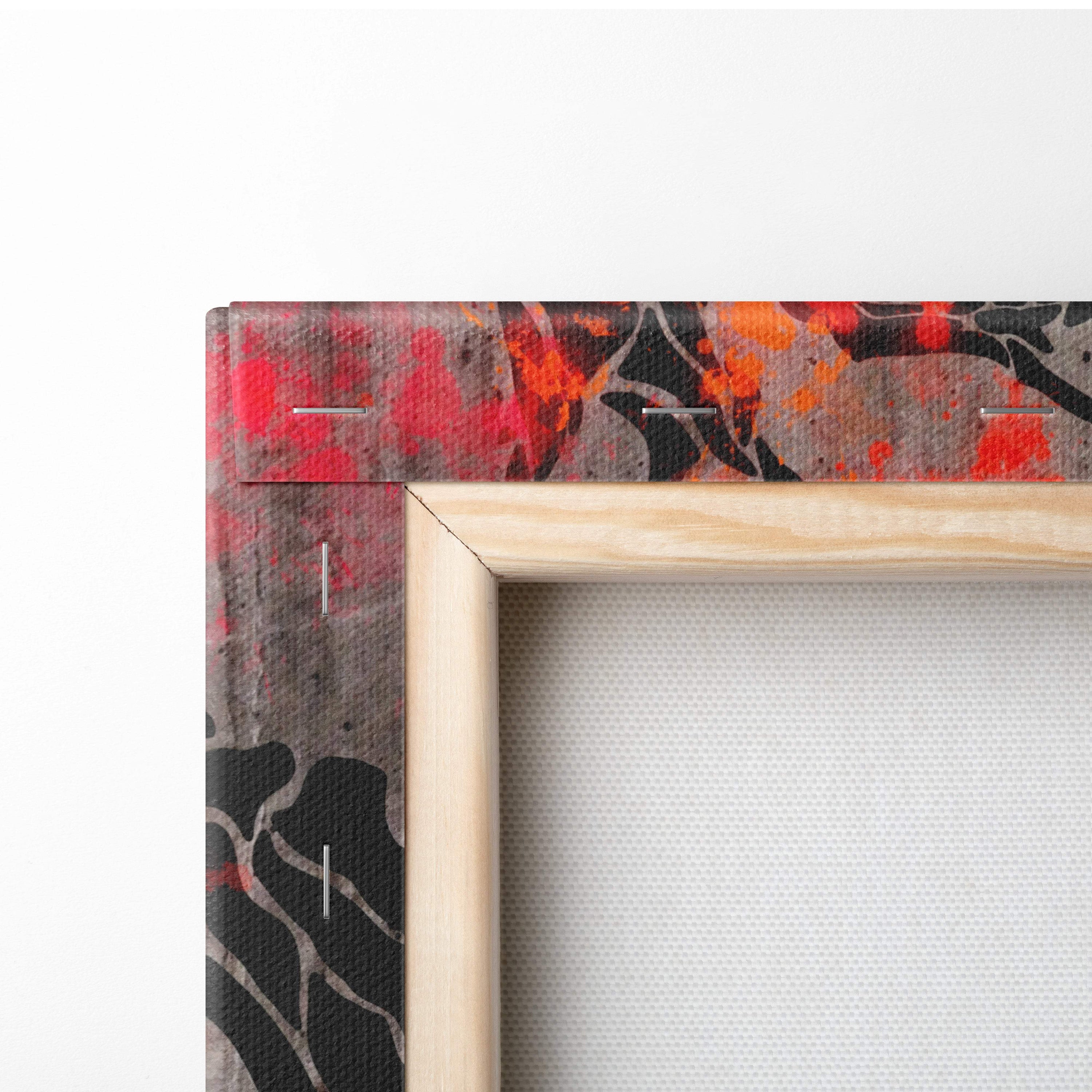 A wooden frame red orange maple tree crane canvas wall art with vibrant red orange and black abstract splashes for living room