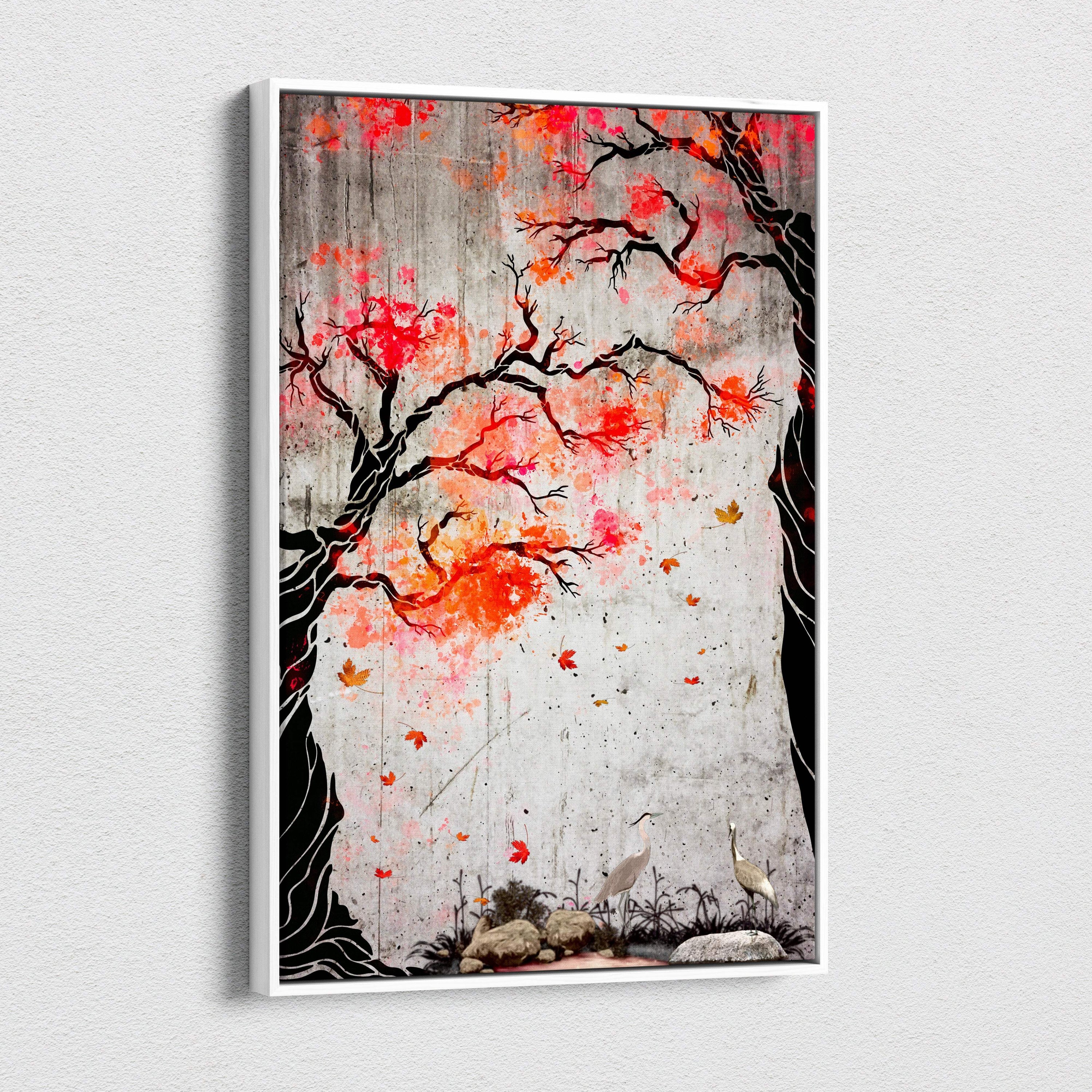 A framed canvas print of a red orange maple tree with white birds on a textured gray background for zen decor