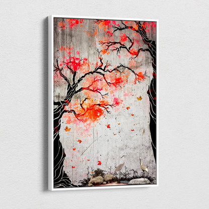 A framed canvas print of a red orange maple tree with white birds on a textured gray background for zen decor