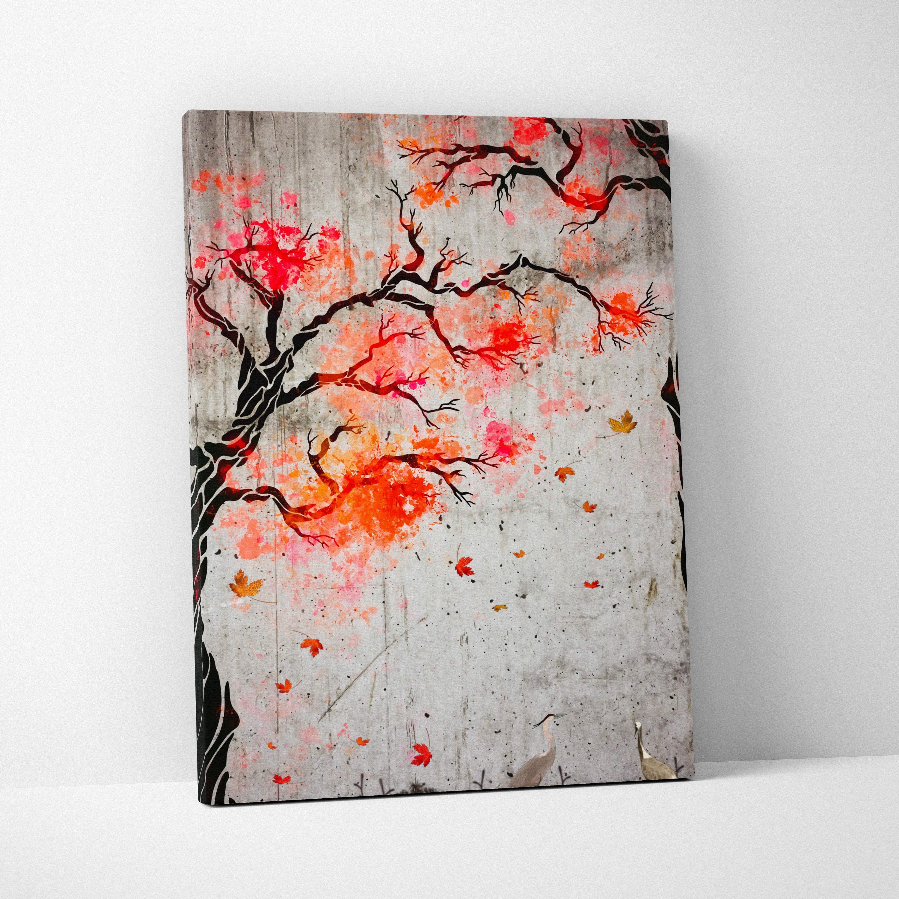 A red orange maple tree crane canvas wall art with black branches and vibrant blossoms on textured gray concrete background