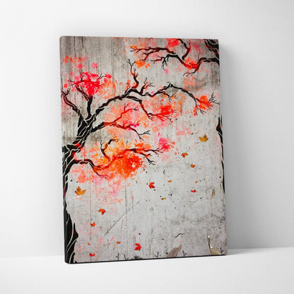 A red orange maple tree crane canvas wall art with black branches and vibrant blossoms on textured gray concrete background