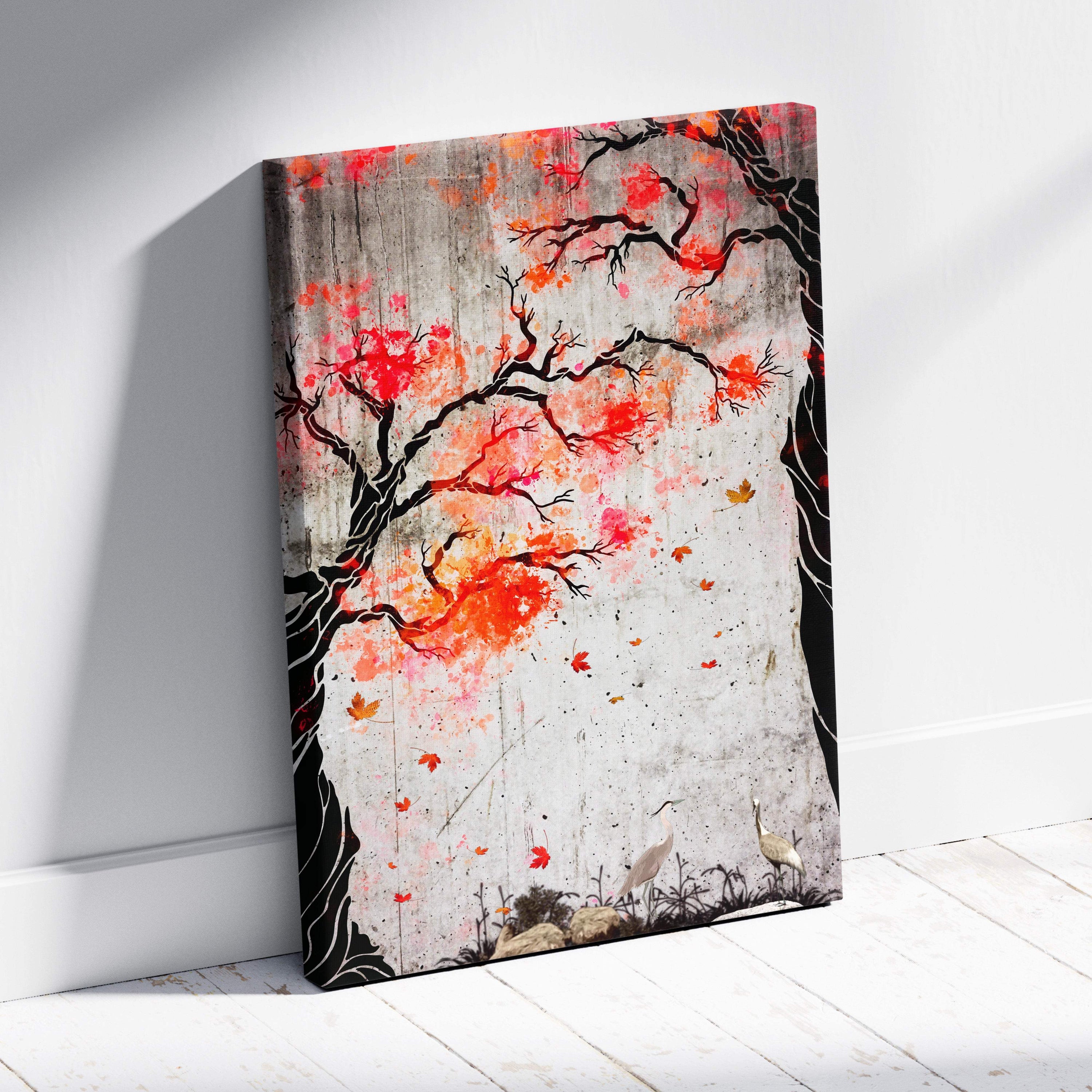 A canvas print of a red orange maple tree with black branches on a textured gray background for serene wall art