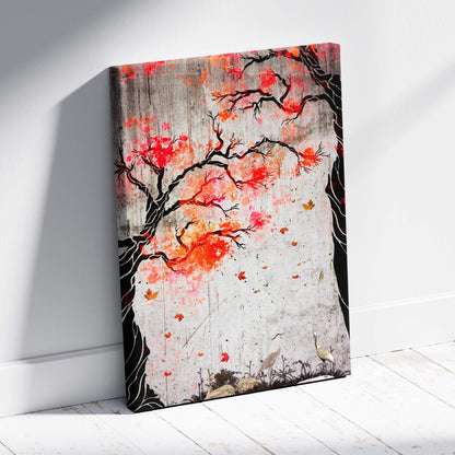 A canvas print of a red orange maple tree with black branches on a textured gray background for serene wall art