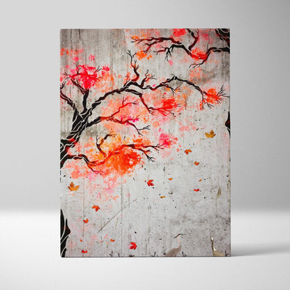 Rectangular canvas wall art featuring a red orange maple tree with black branches on a gray textured concrete background