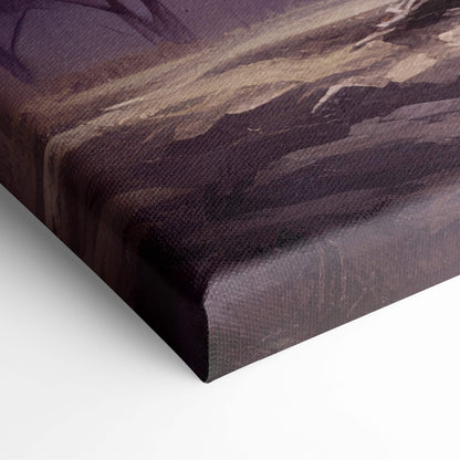 A stretched canvas print of a moody abstract mountain landscape in deep purples and earthy browns for serene decor