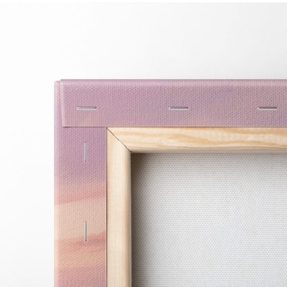 A soft lavender canvas frame with natural wood border and stitched detailing for pink cherry blossom tree wall art