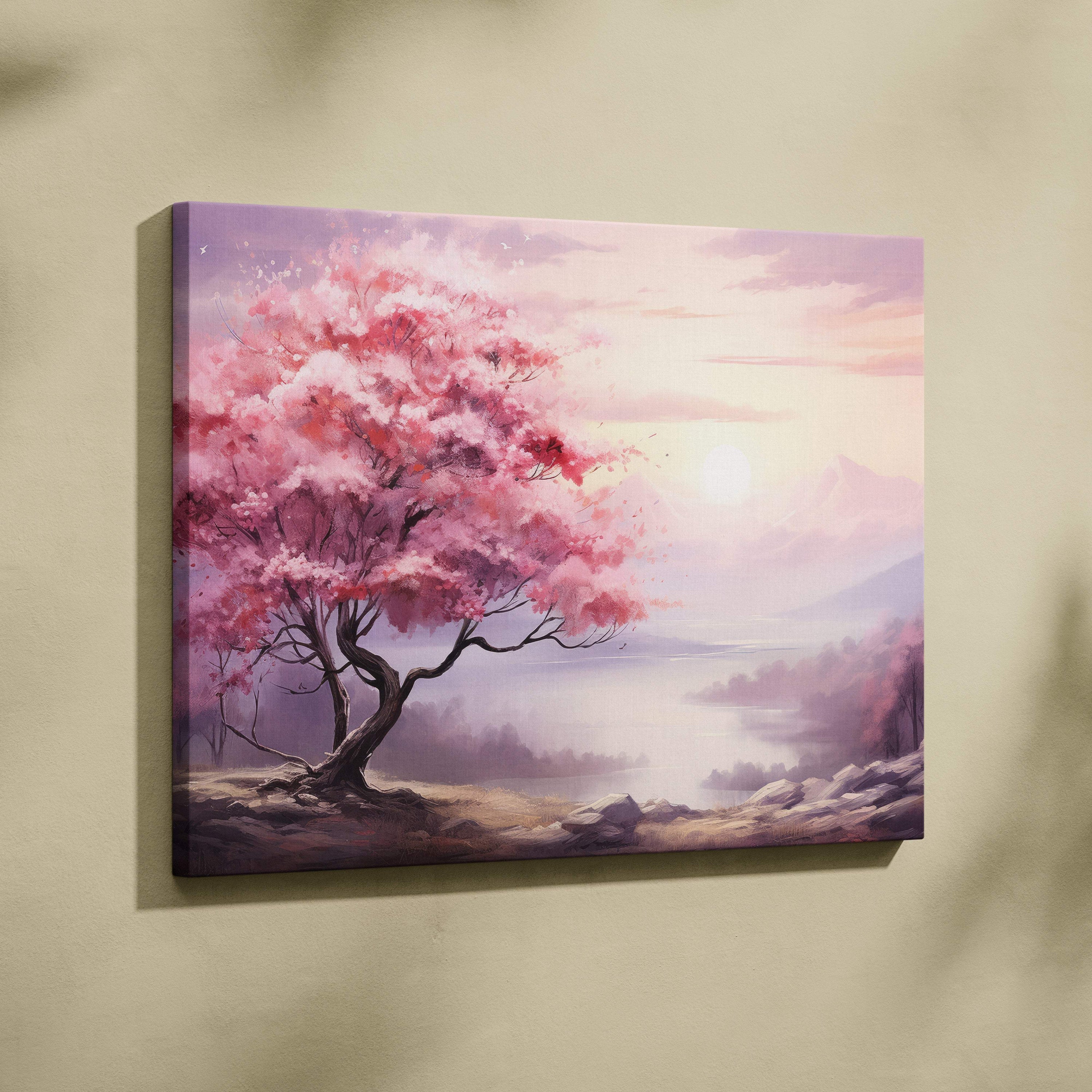 Pink cherry blossom tree canvas wall art with vibrant pink blossoms and soft pastel sunset over misty lake background