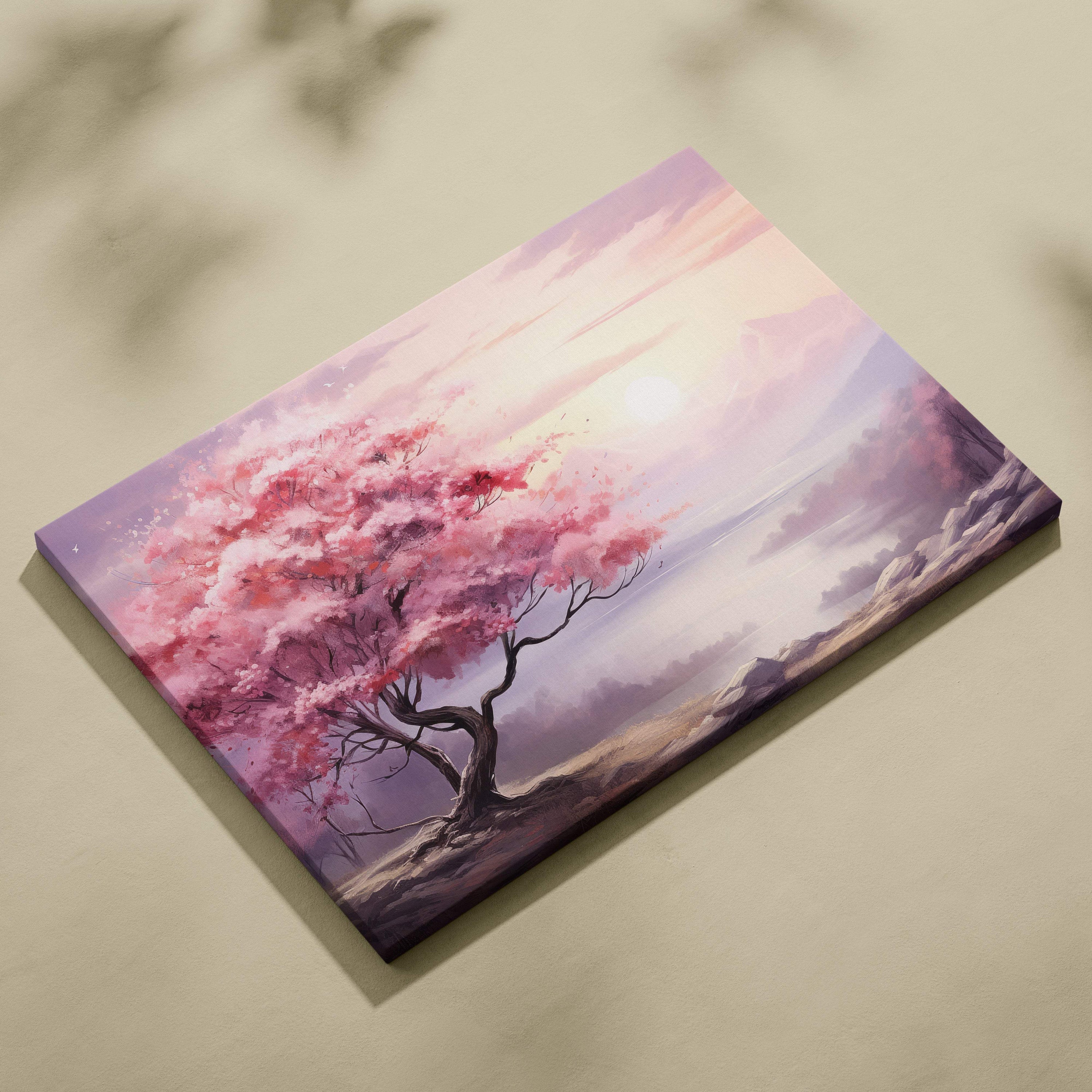 Pink cherry blossom tree canvas wall art with vibrant pink blossoms against a soft pastel sunset sky