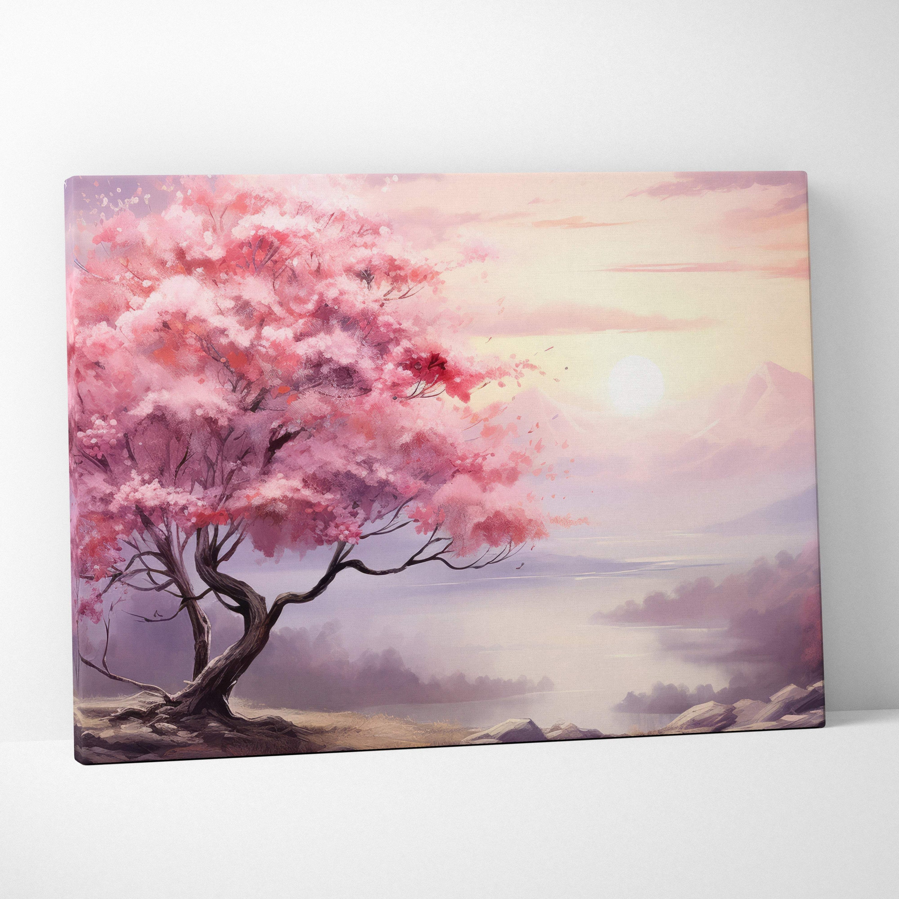 Pink cherry blossom tree canvas wall art with soft pink petals and misty mountains in a pastel painting style